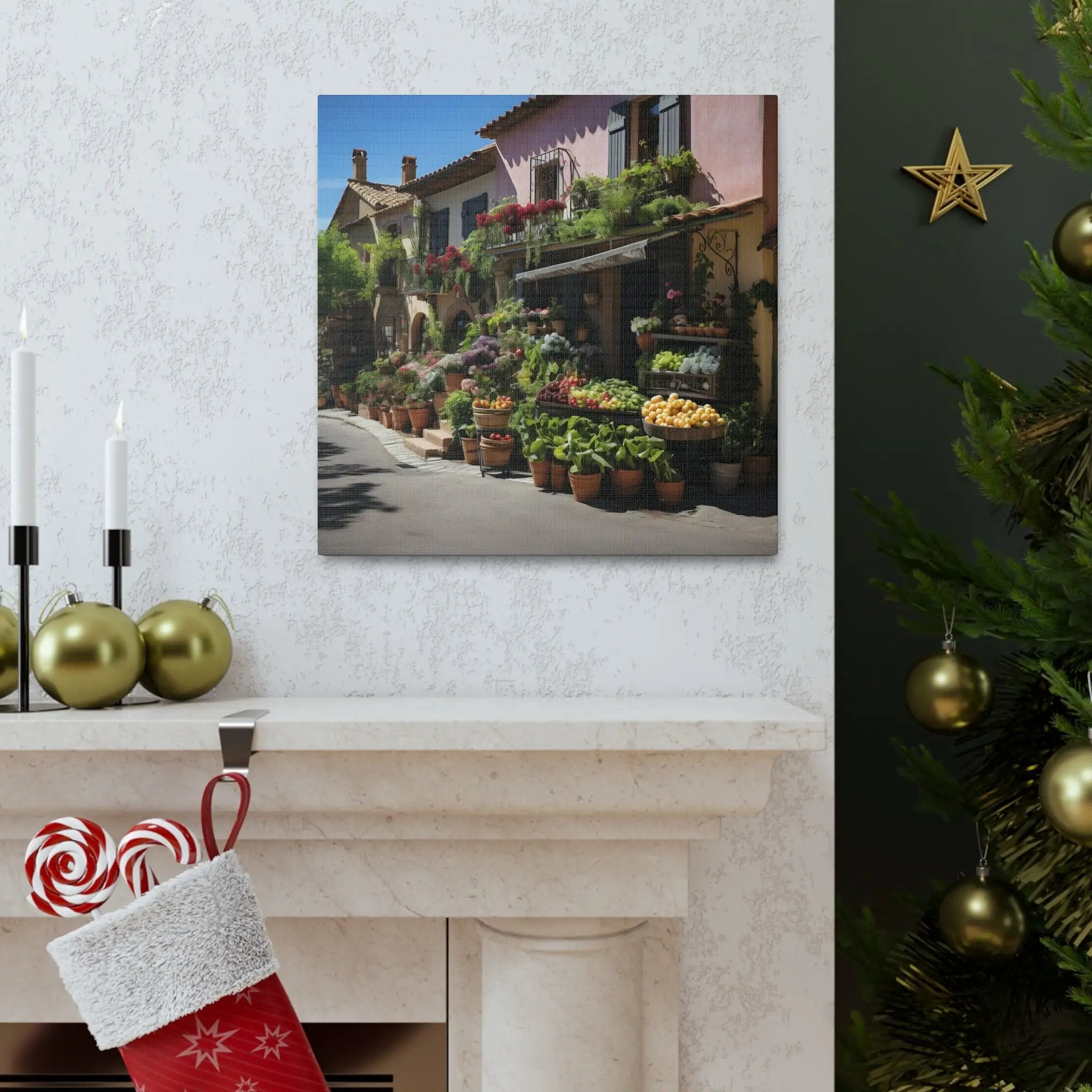 Canvas Gallery Wraps | a Christmas stocking sits next to a fireplace