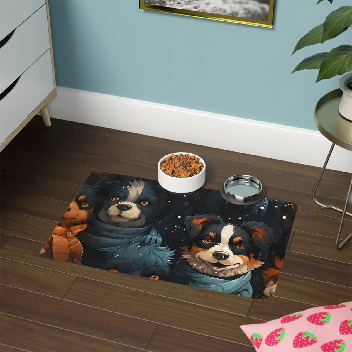 Pet Food Mat | two dogs are sitting on a rug in a room