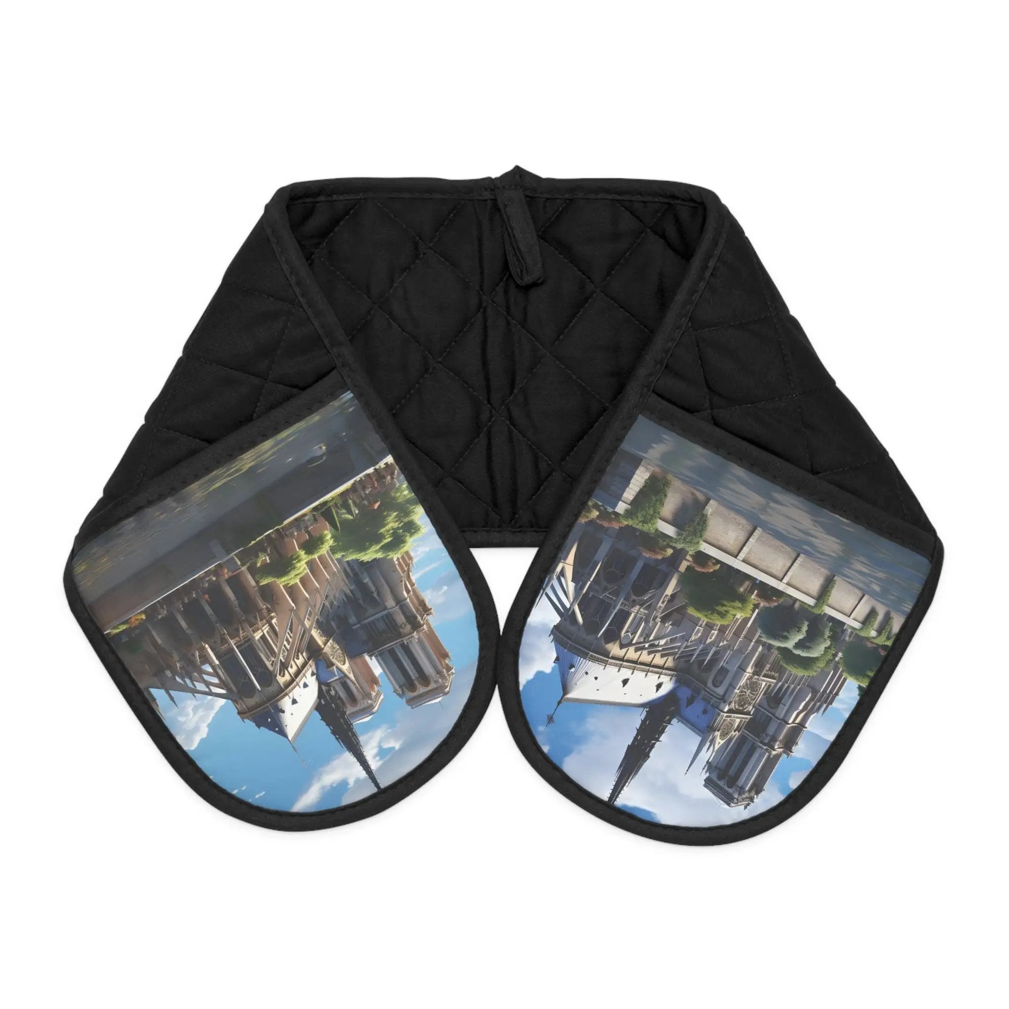 oven glove | a pair of oven mitts with a picture of a church