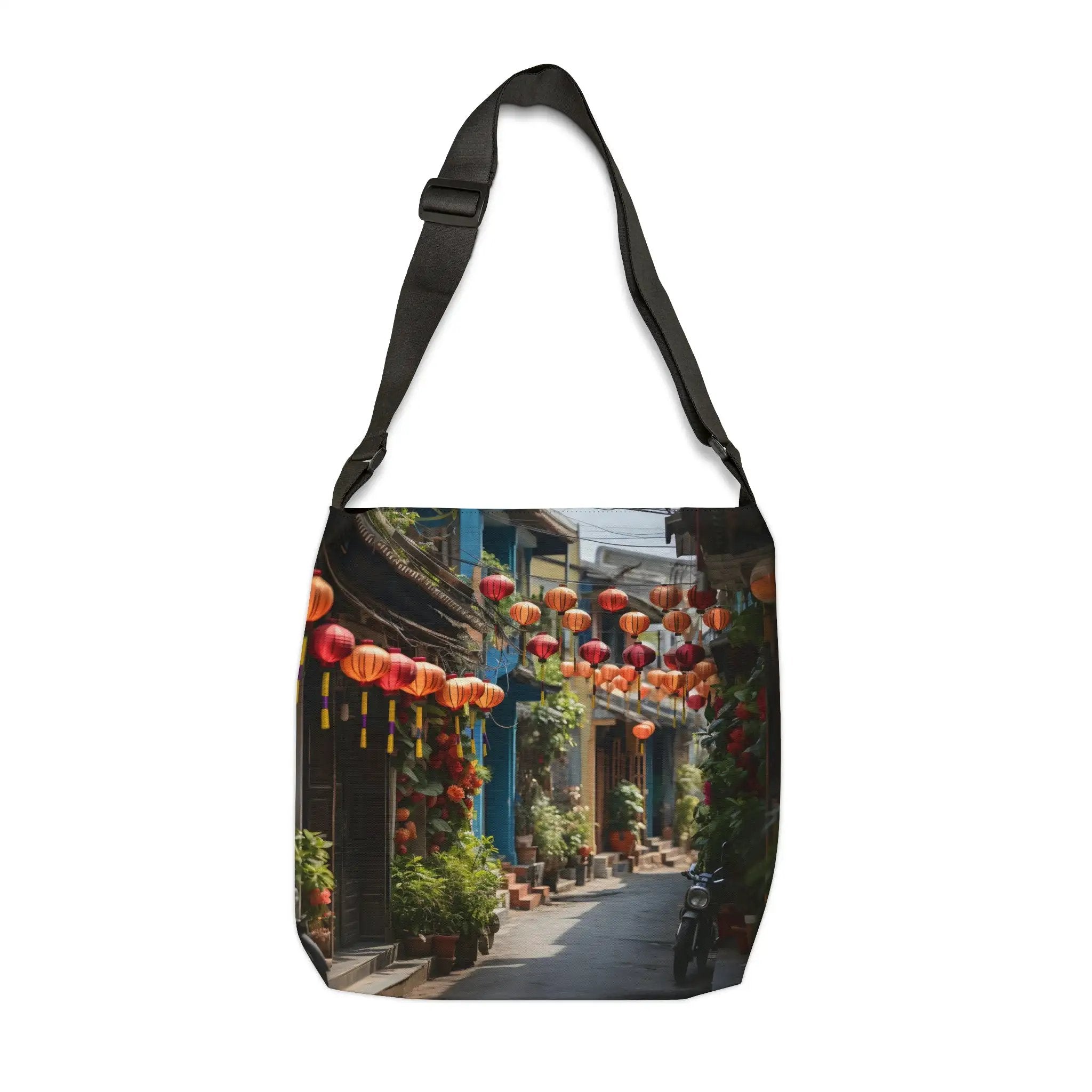 Weekender tote bag | a bag with a picture of a street with lanterns