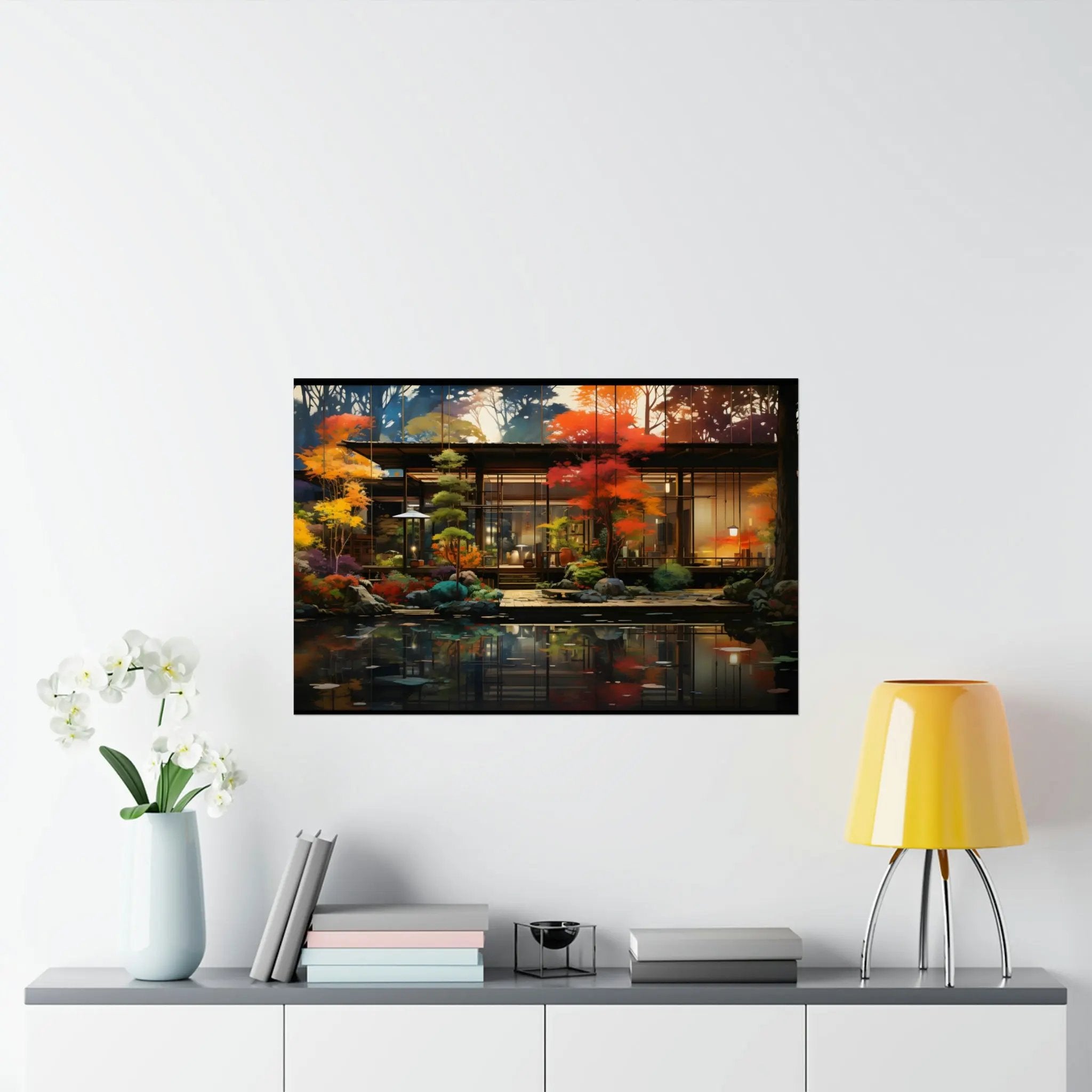 Kawaii Posters | a painting of a house with a pond in front of it