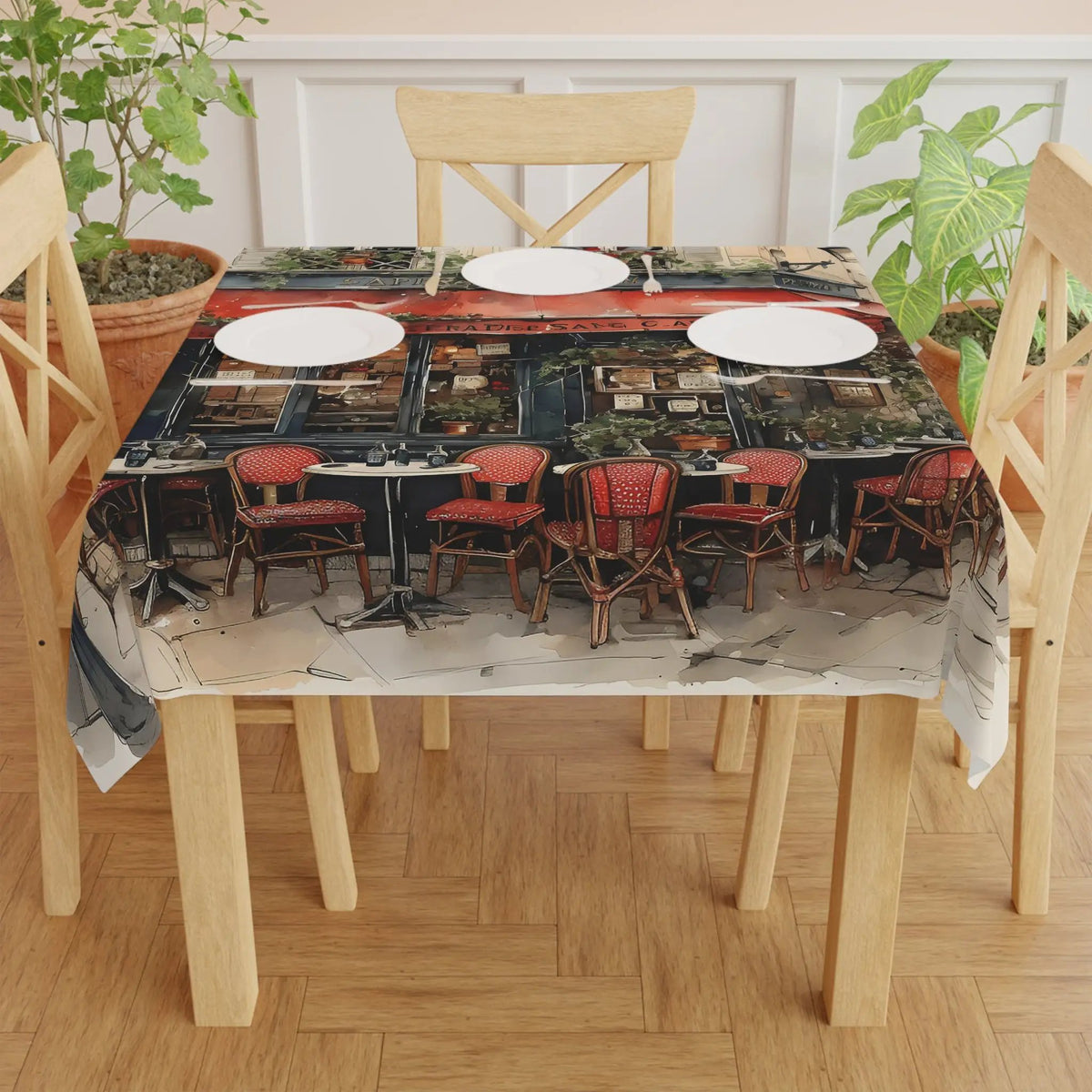 Square tablecloth | a dining room table covered with a table cloth