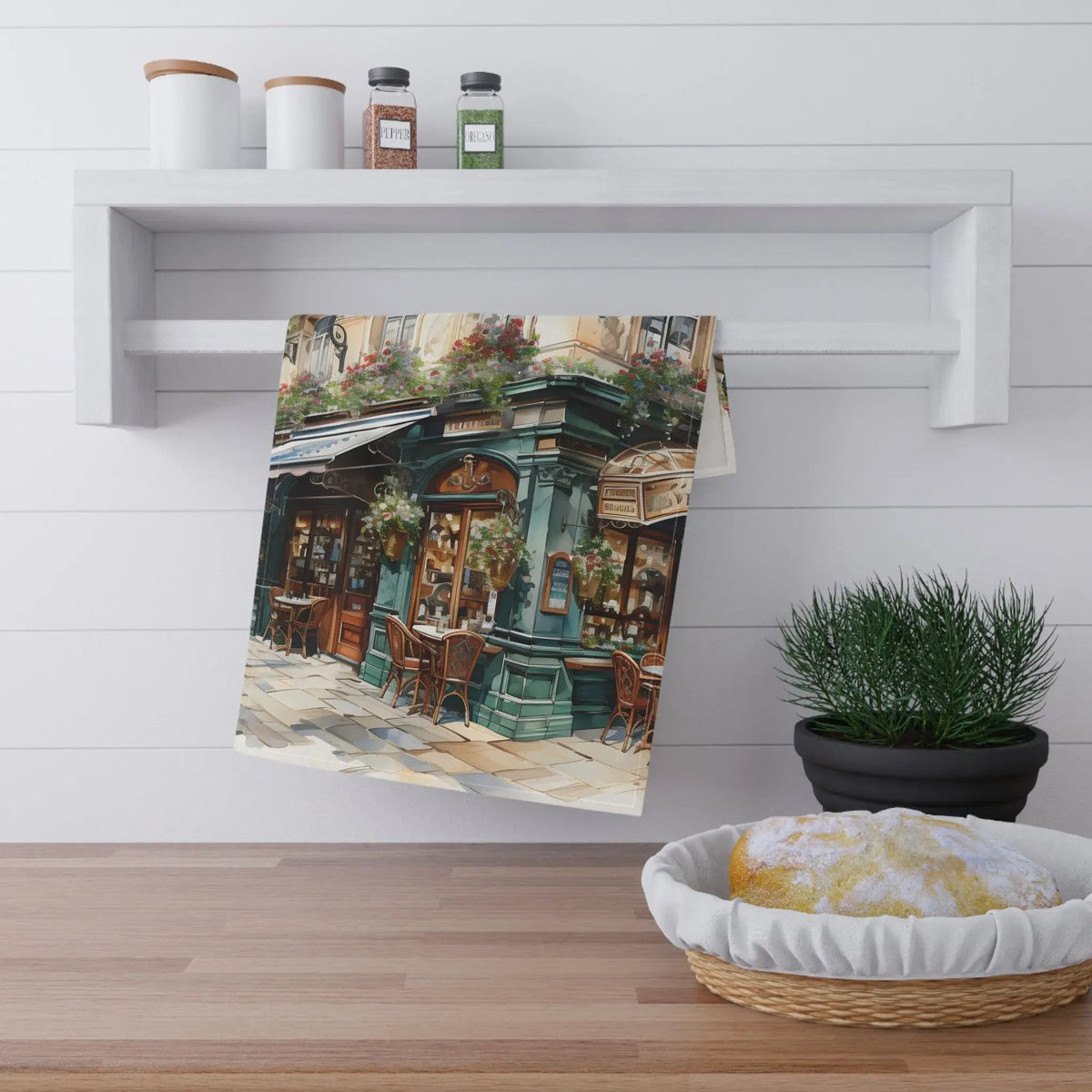 Kitchen Towel | a painting of a street corner with a potted plant next to it