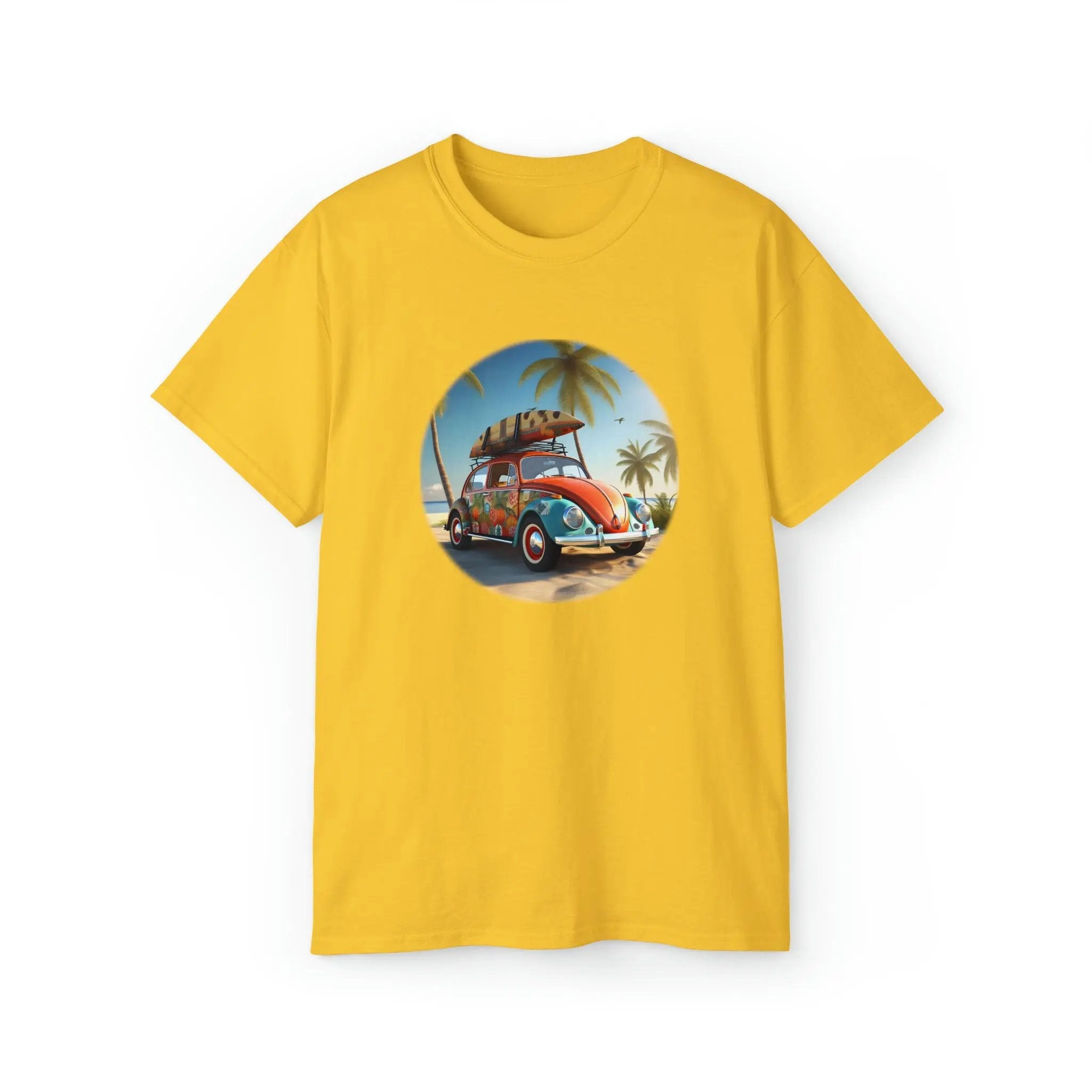 men tee graphic | a yellow t - shirt with an image of a vintage car with a surf