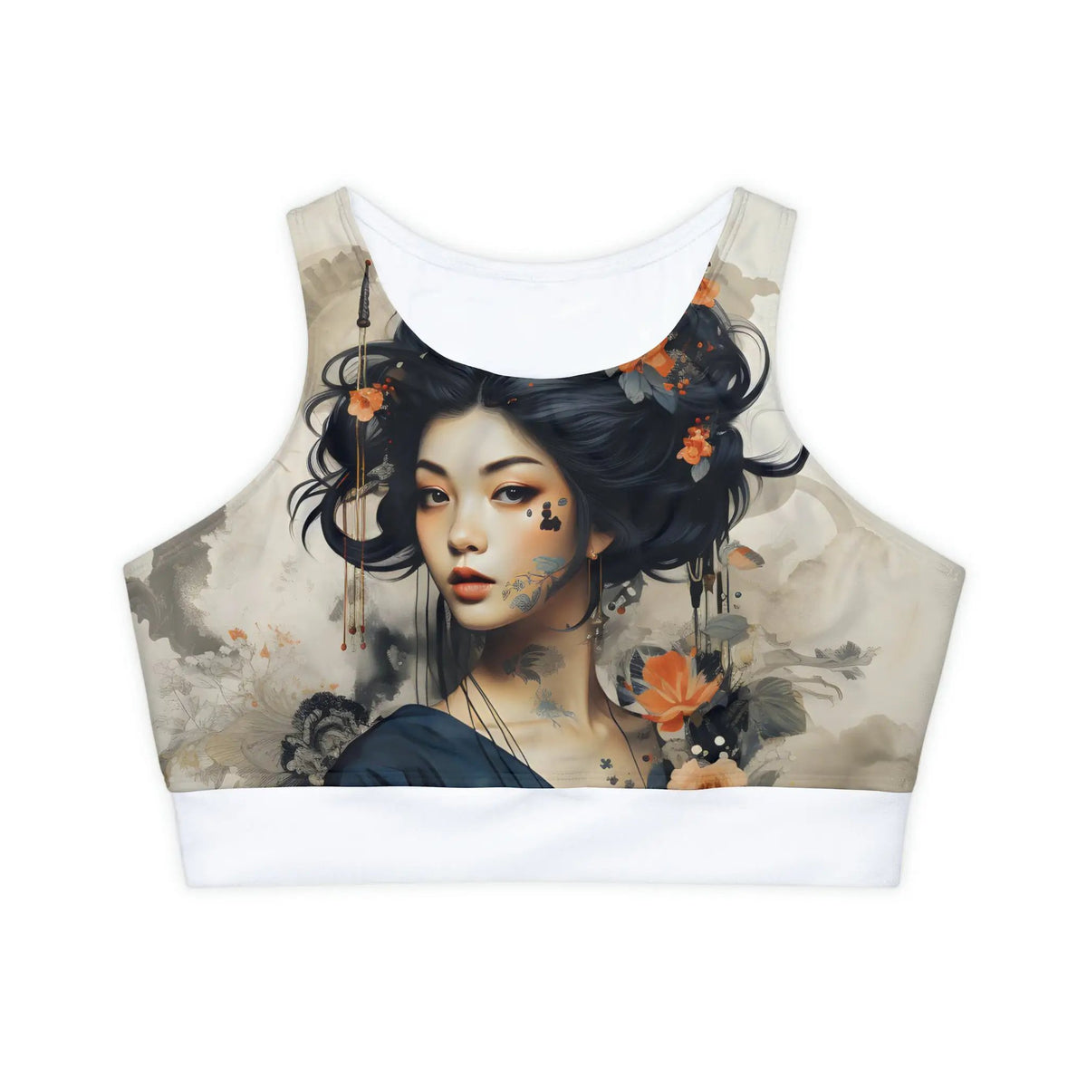 woman sports bra | a crop top with a woman's face painted on it