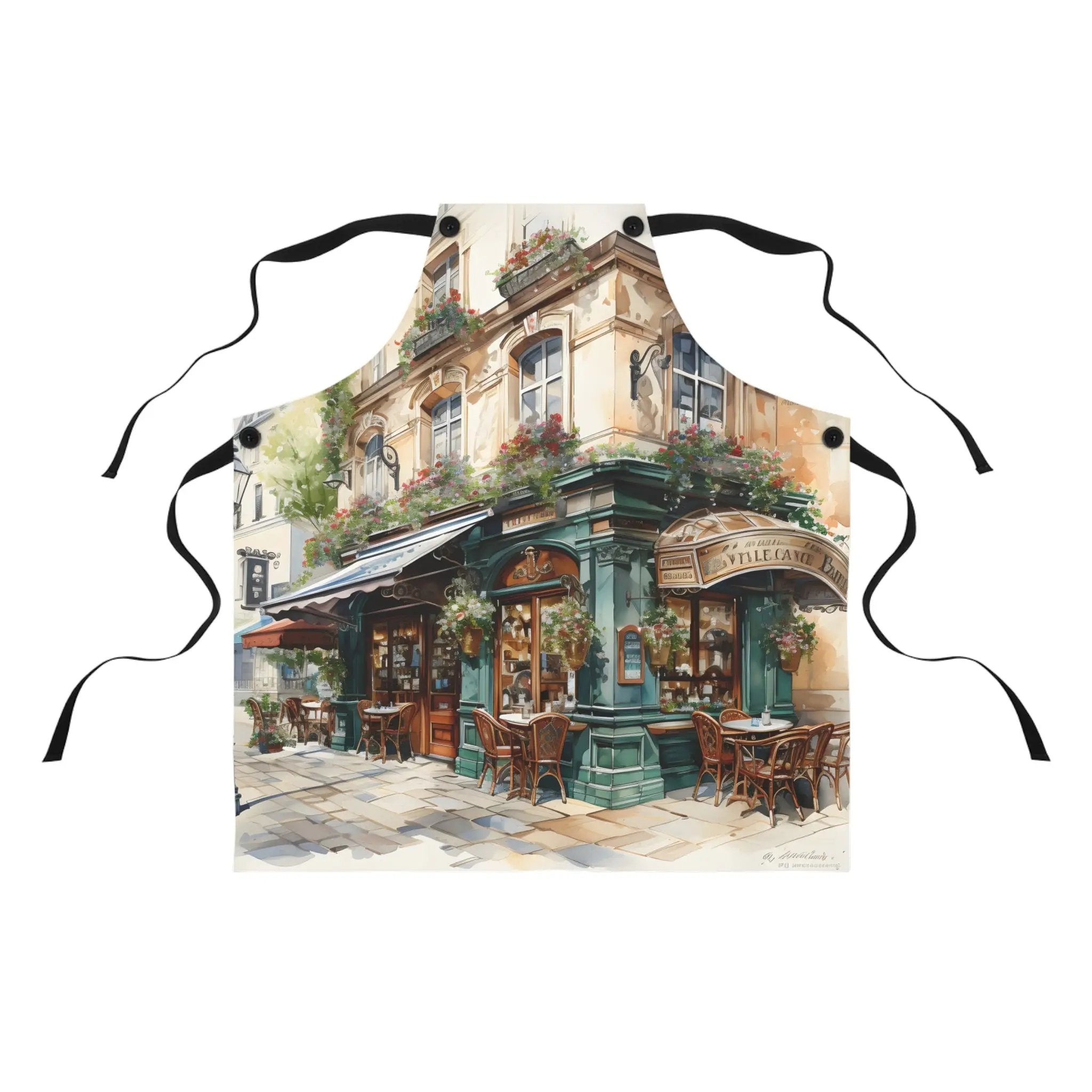 Chef Apron | a painting of a restaurant with a clock tower