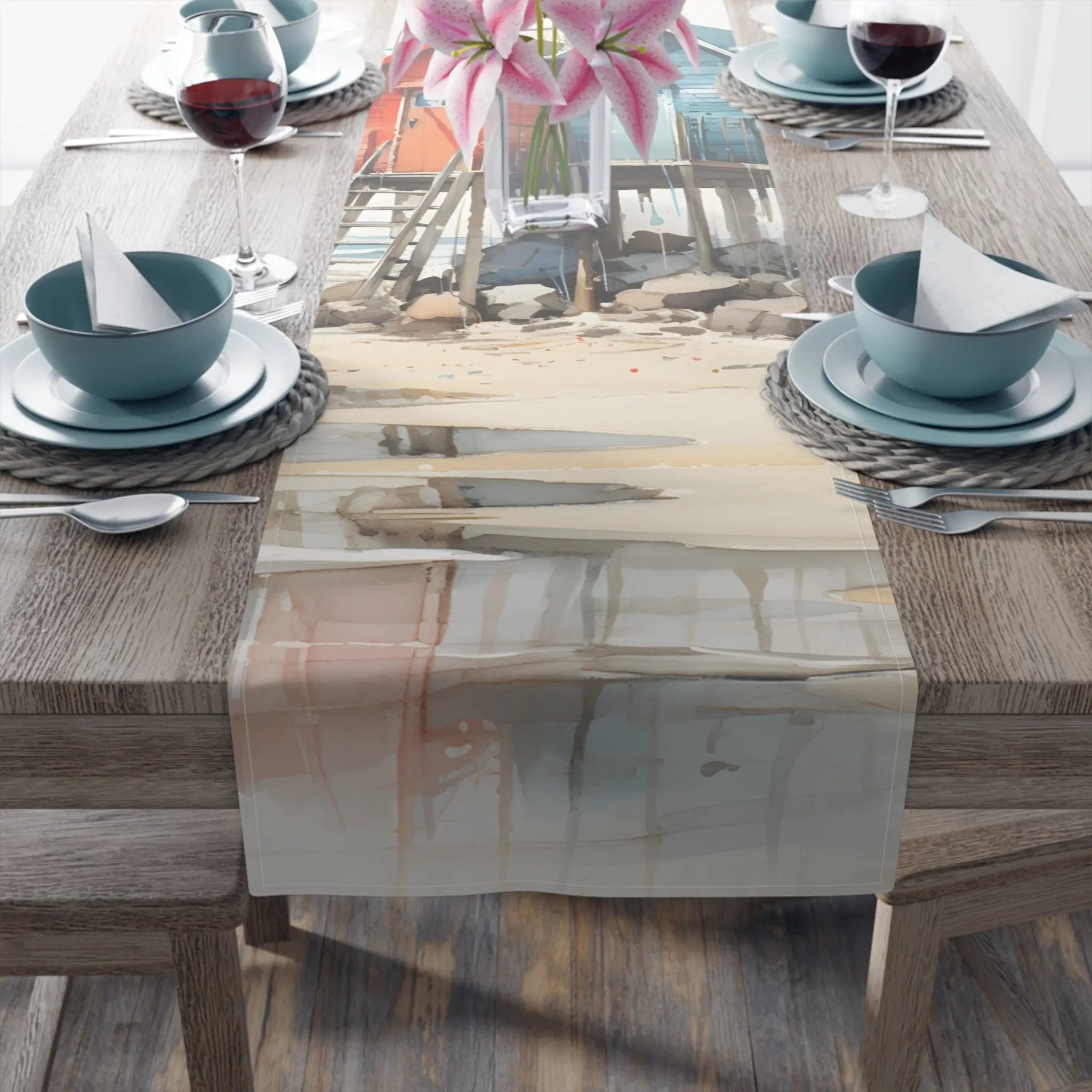 dining table Runner | a long table with a vase of flowers on it