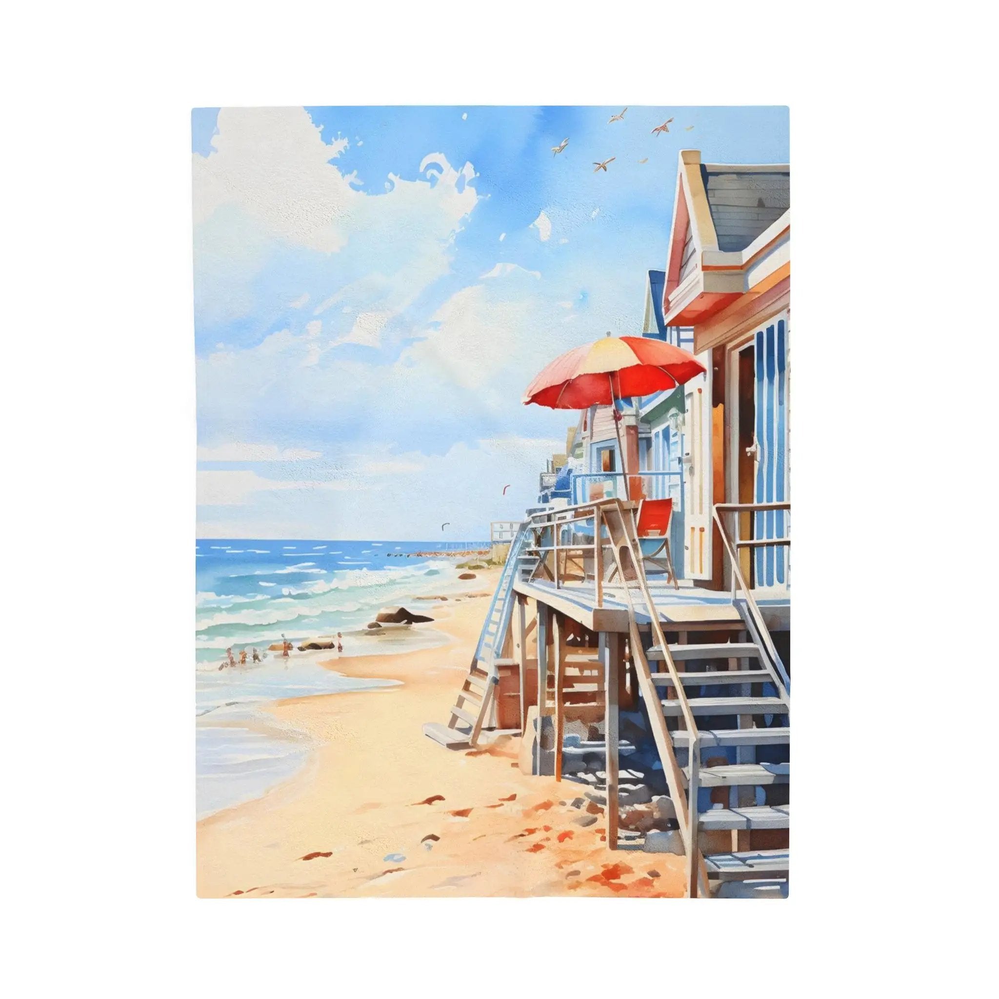 bedroom Blanket | a painting of a lifeguard station on a beach