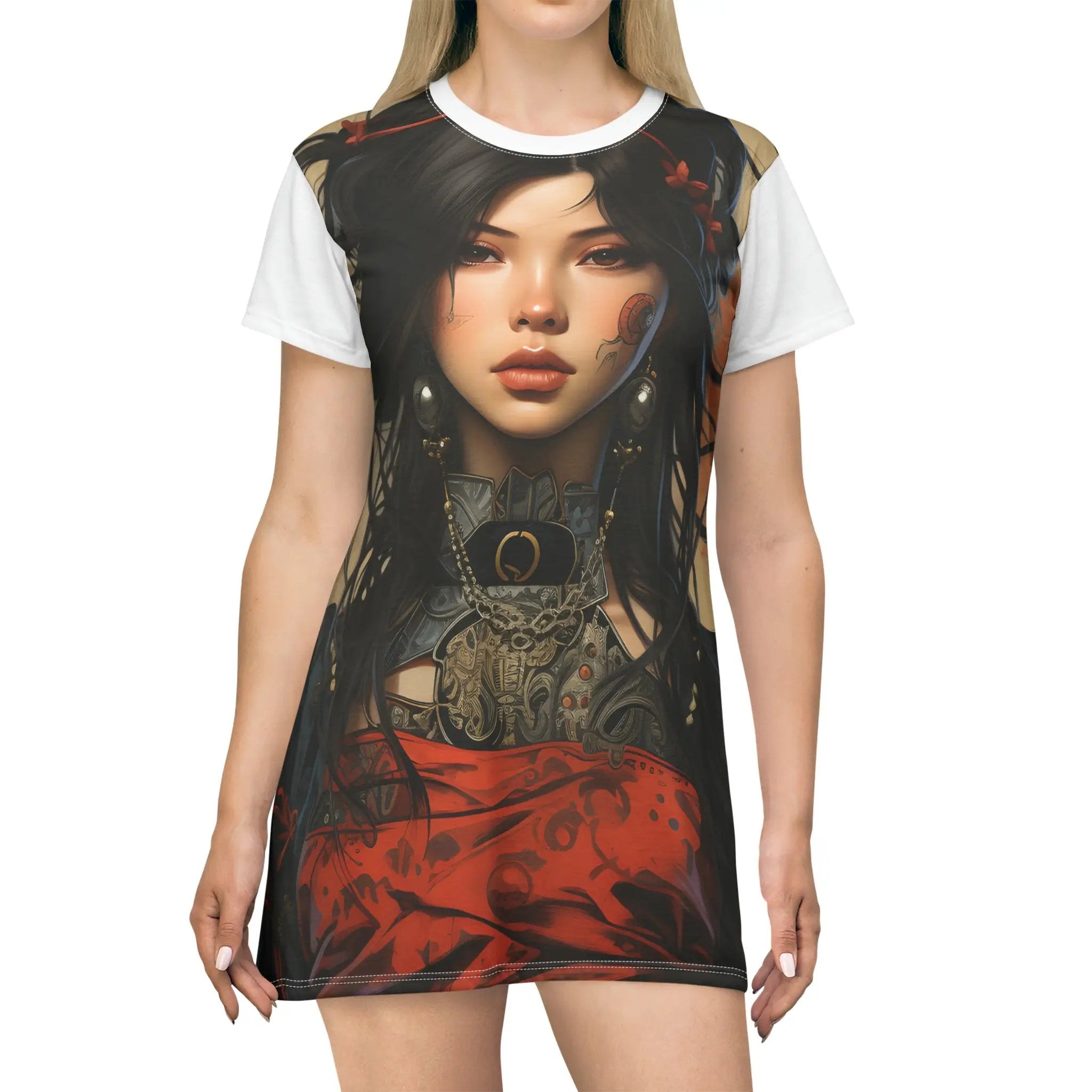 woman shirt dress | a woman wearing a t - shirt with a picture of a woman on it