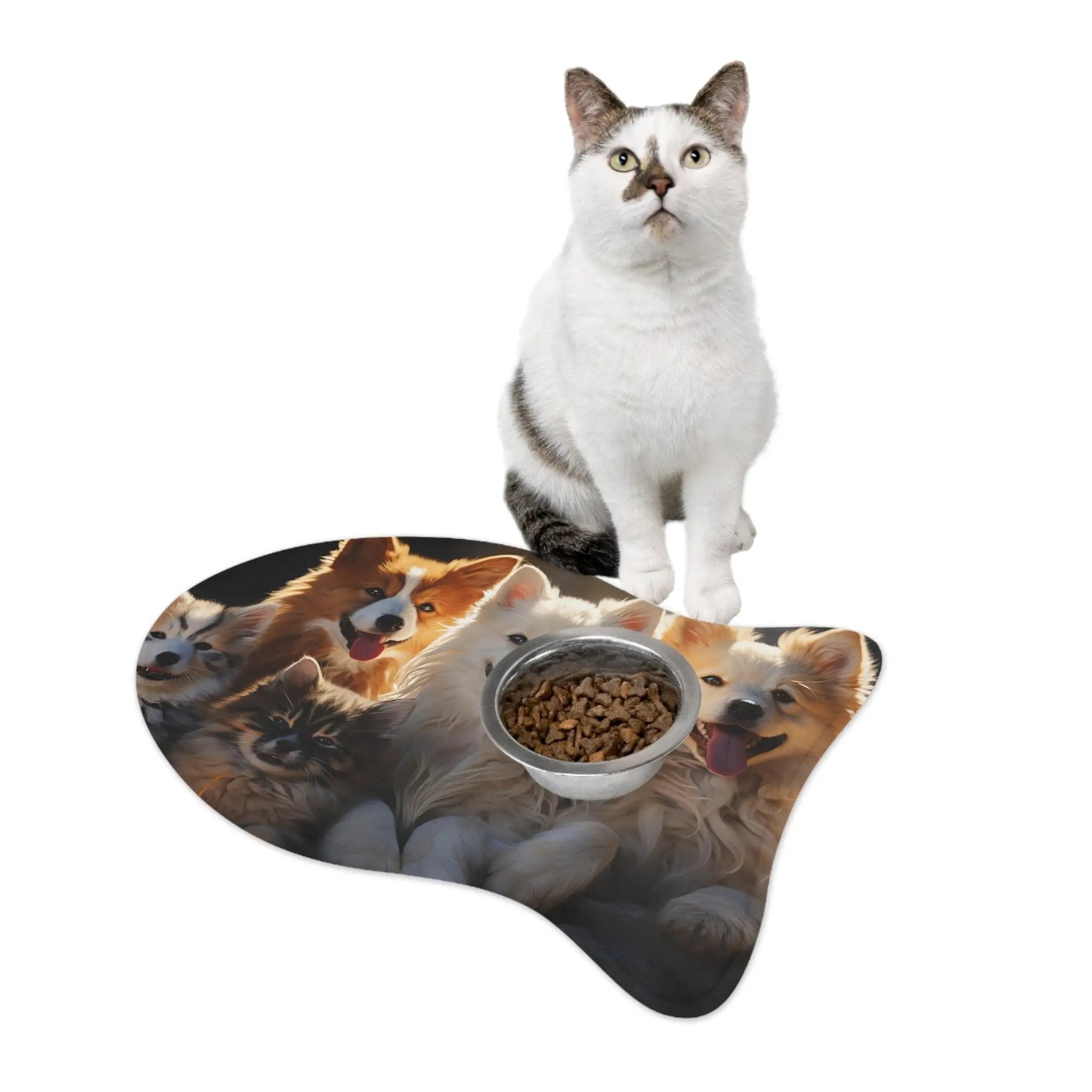 Pet Feeding Mats | a cat sitting on top of a bowl of food