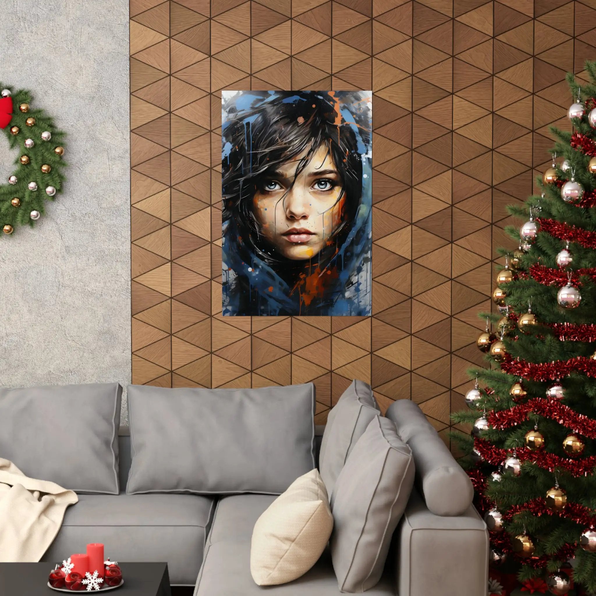 Kawaii Posters | a living room with a couch and a Christmas tree