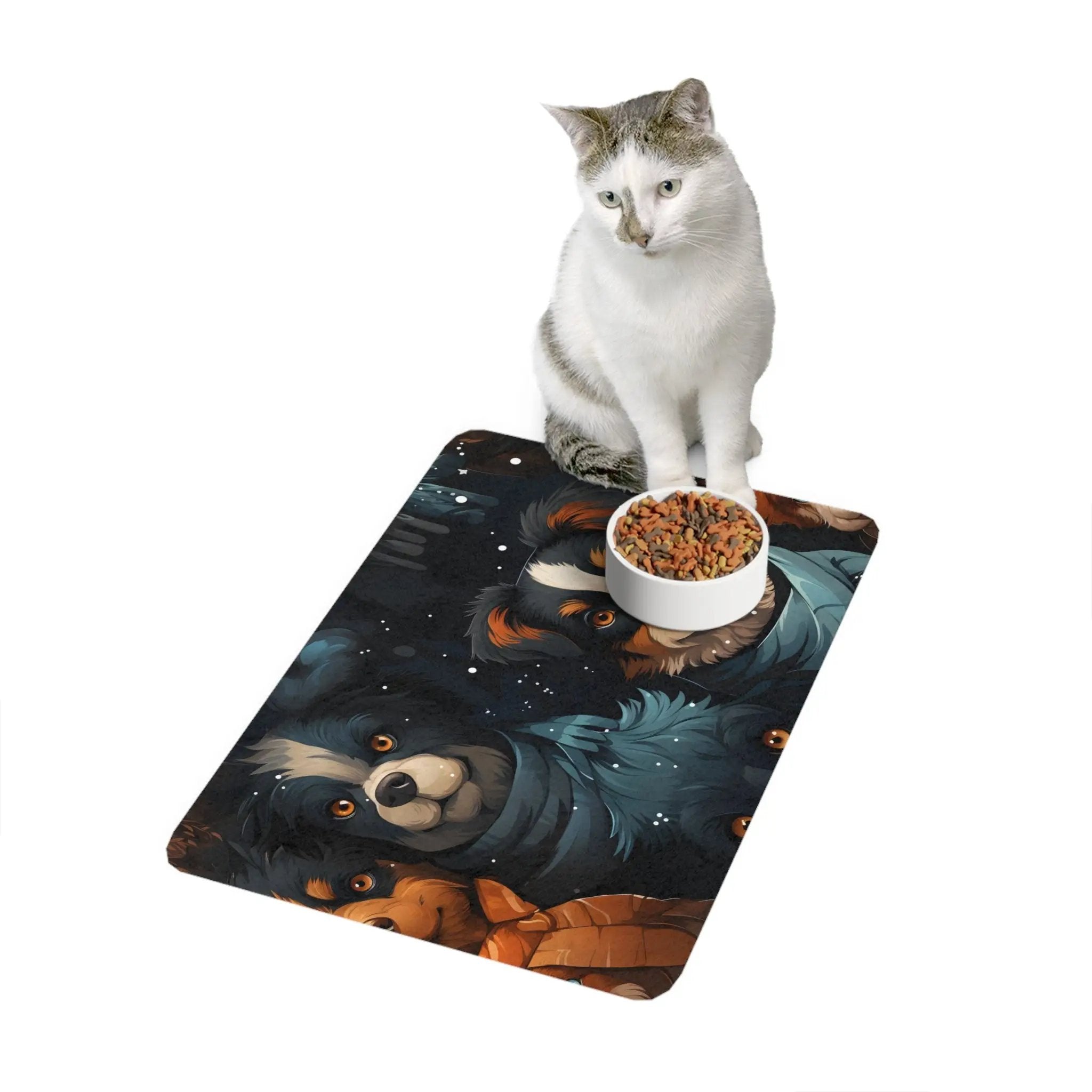 Pet Food Mat | a cat sitting on top of a bowl of food