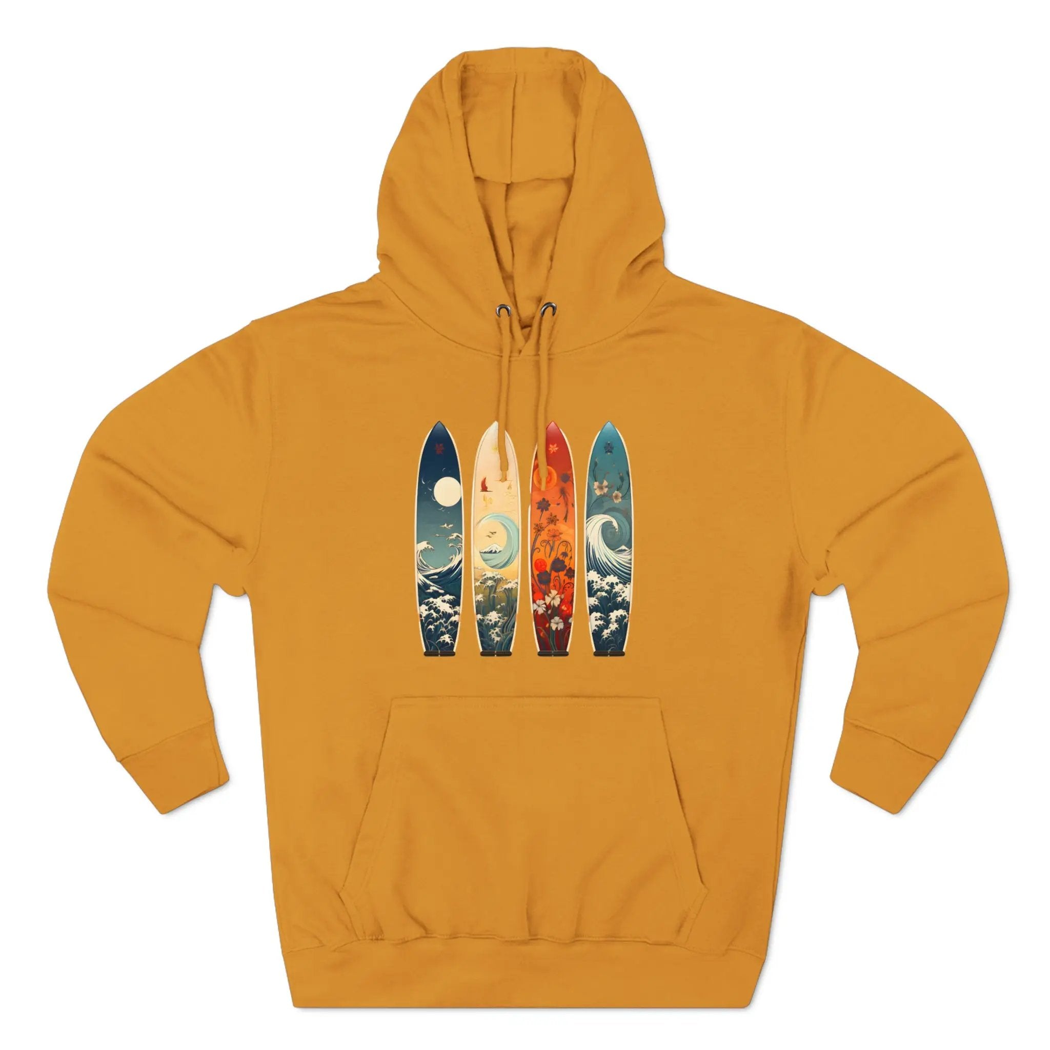 pullover hoodie | a yellow hoodie with three surfboards on it