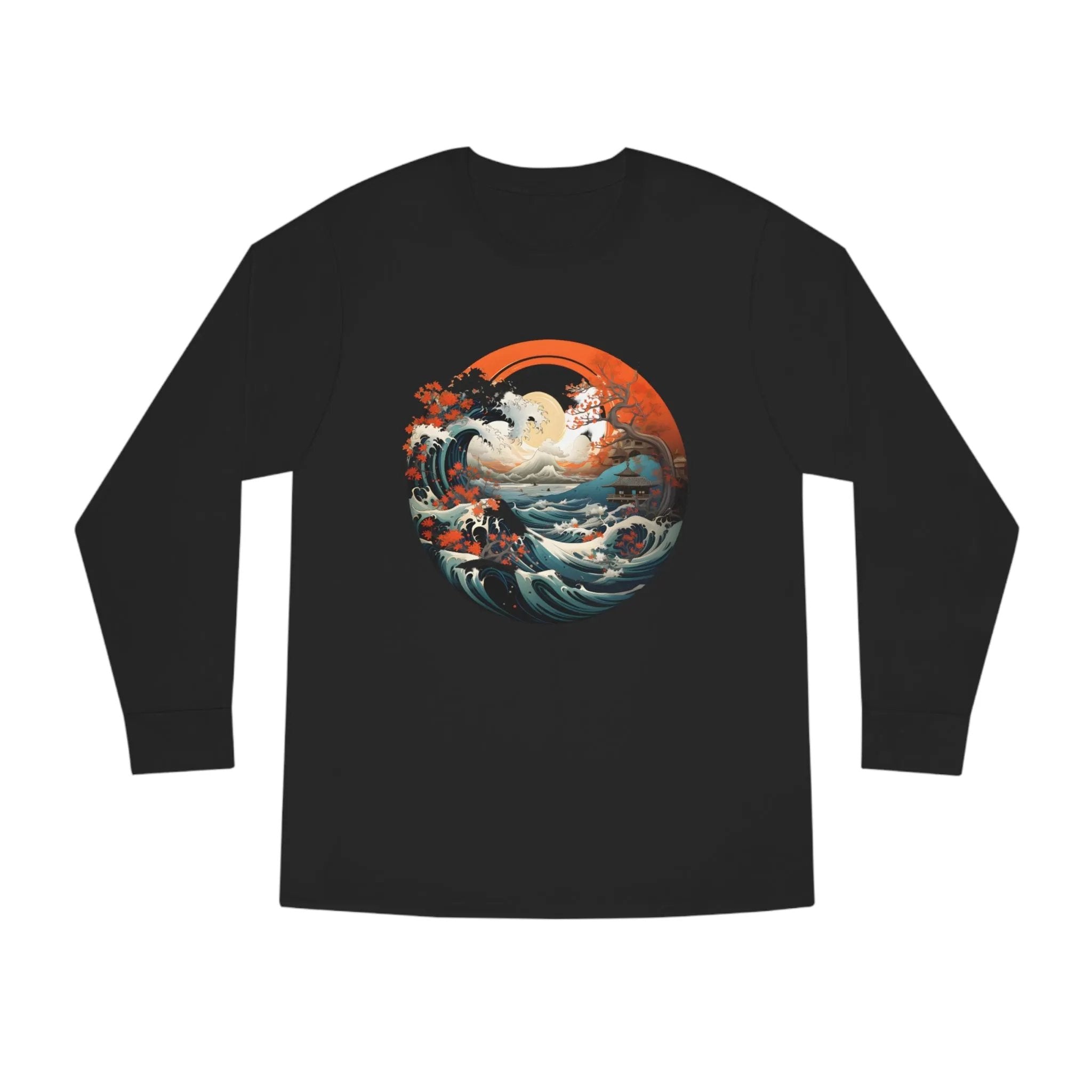 Long Sleeve t shirt | a black long - sleeved shirt with an image of waves and clouds