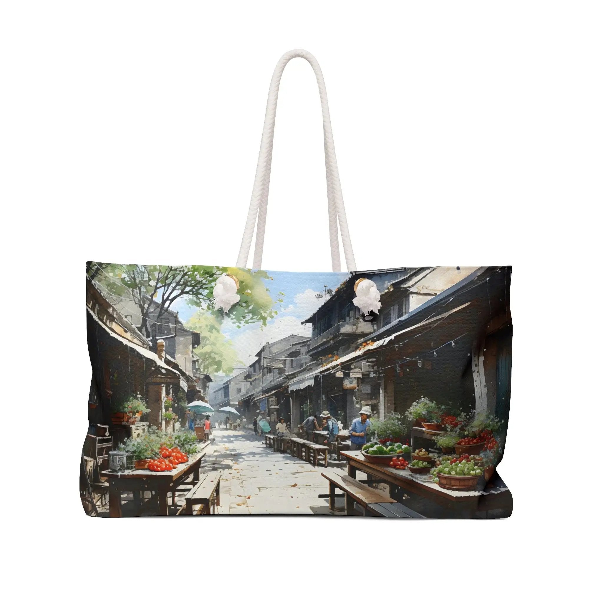 Weekender tote bag | a bag with a painting of a street scene