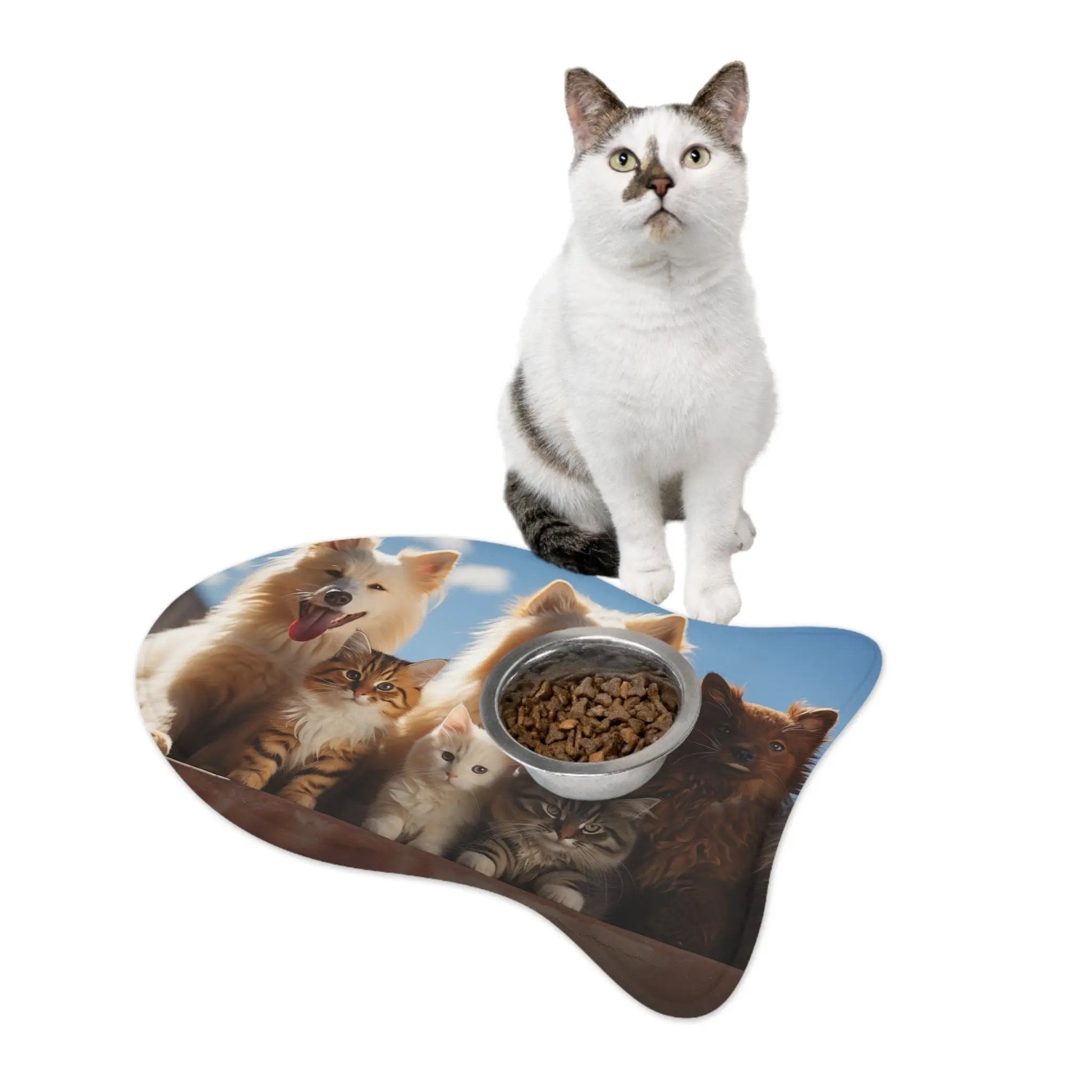 Pet Feeding Mats | a cat sitting on top of a table next to a bowl of food