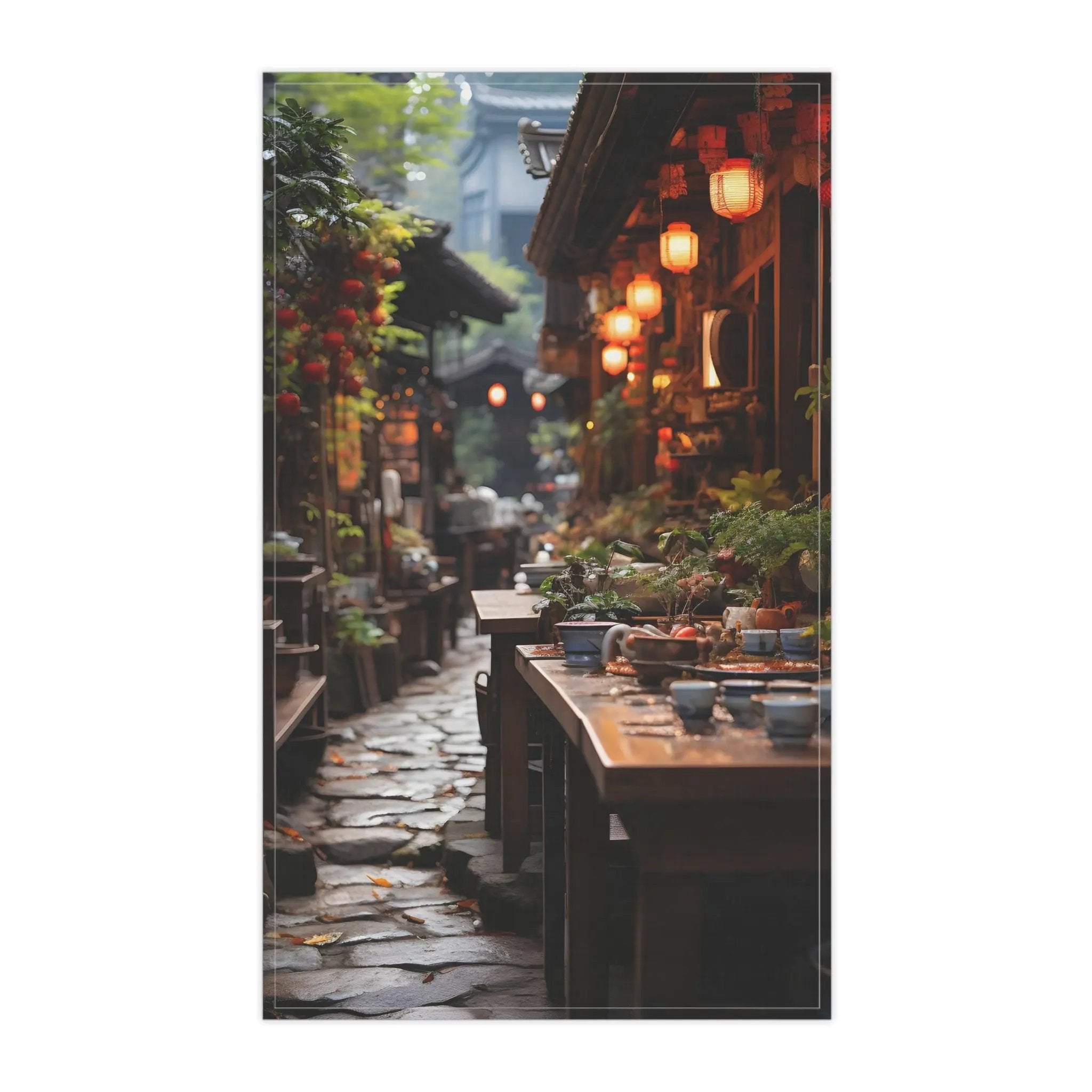 Kitchen Towel | a narrow street with a lot of potted plants