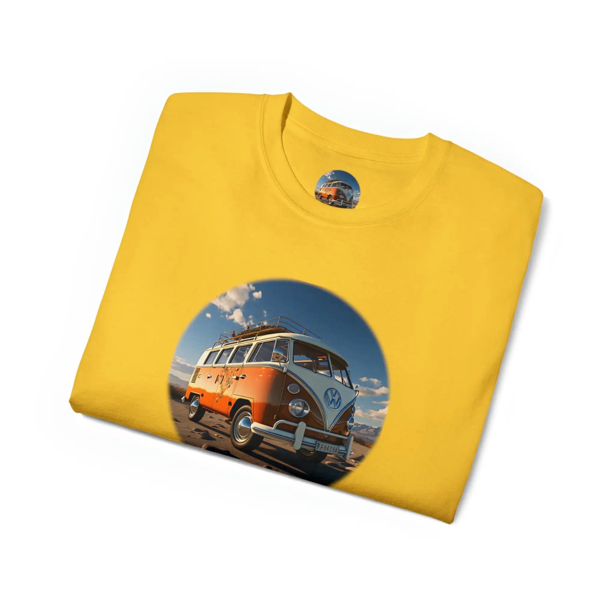 men tee graphic | a yellow t - shirt with a picture of a van bus