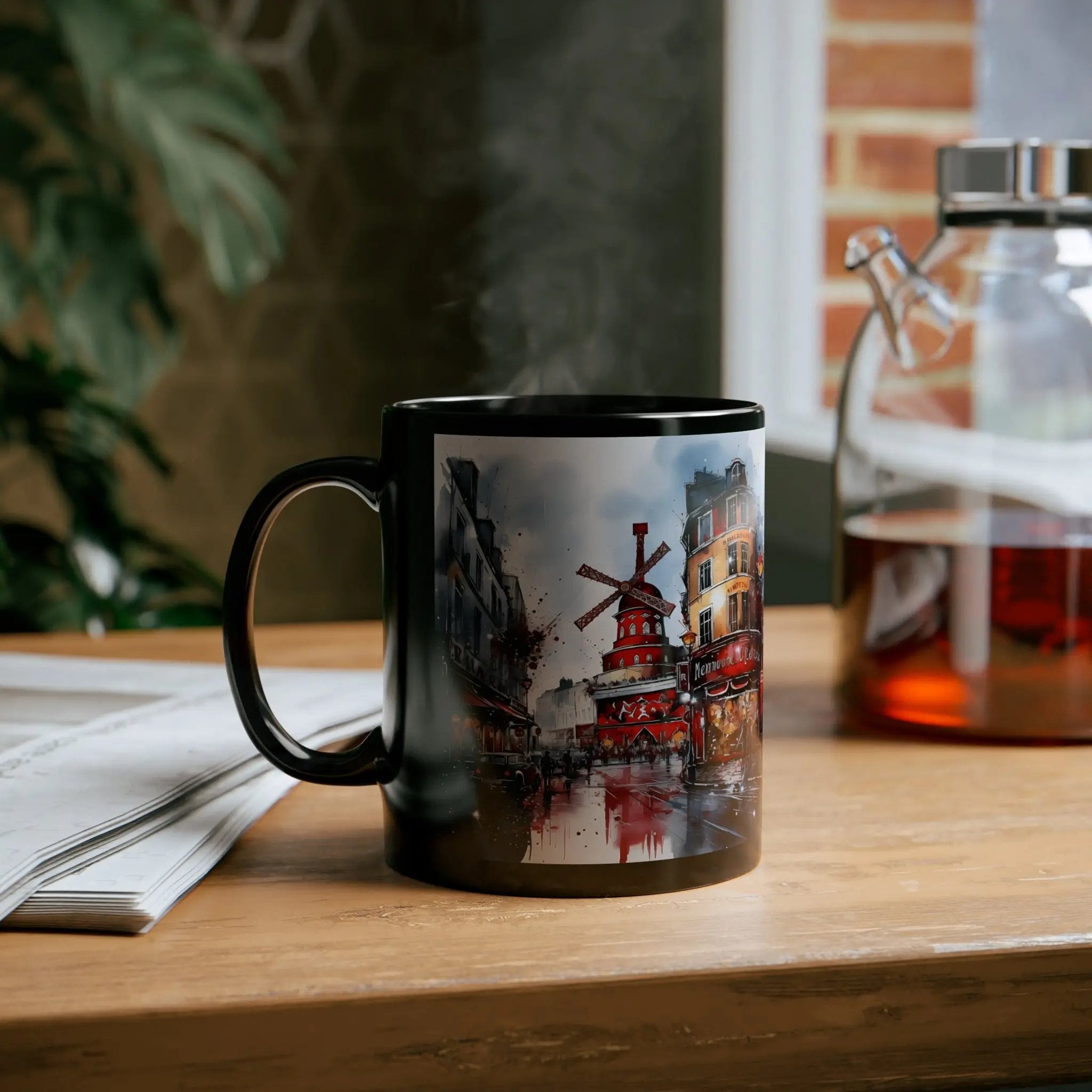 Mugs coffee | a black coffee mug sitting on top of a wooden table