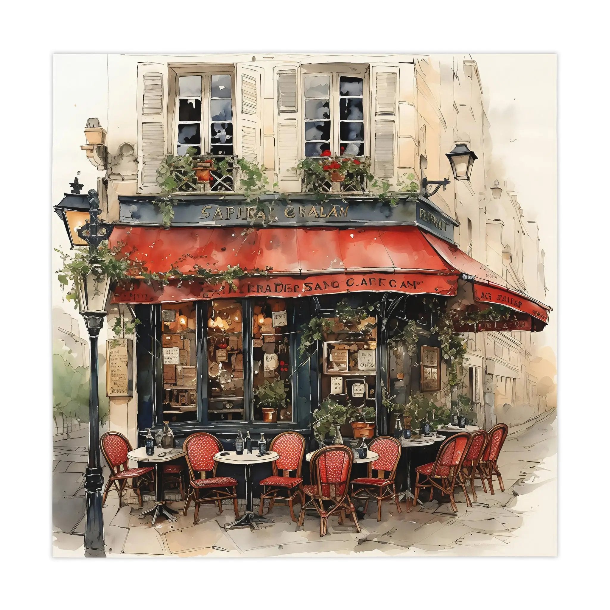 Square tablecloth | a painting of a restaurant with red chairs and a red awning