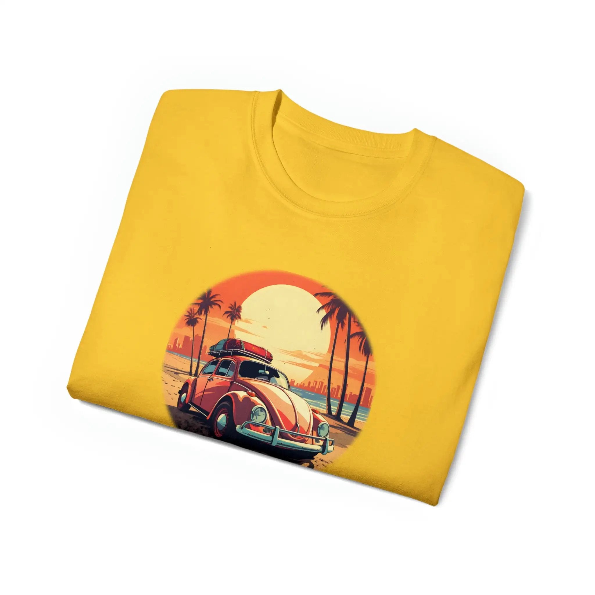 men tee graphic | a yellow t - shirt with a picture of a car on it