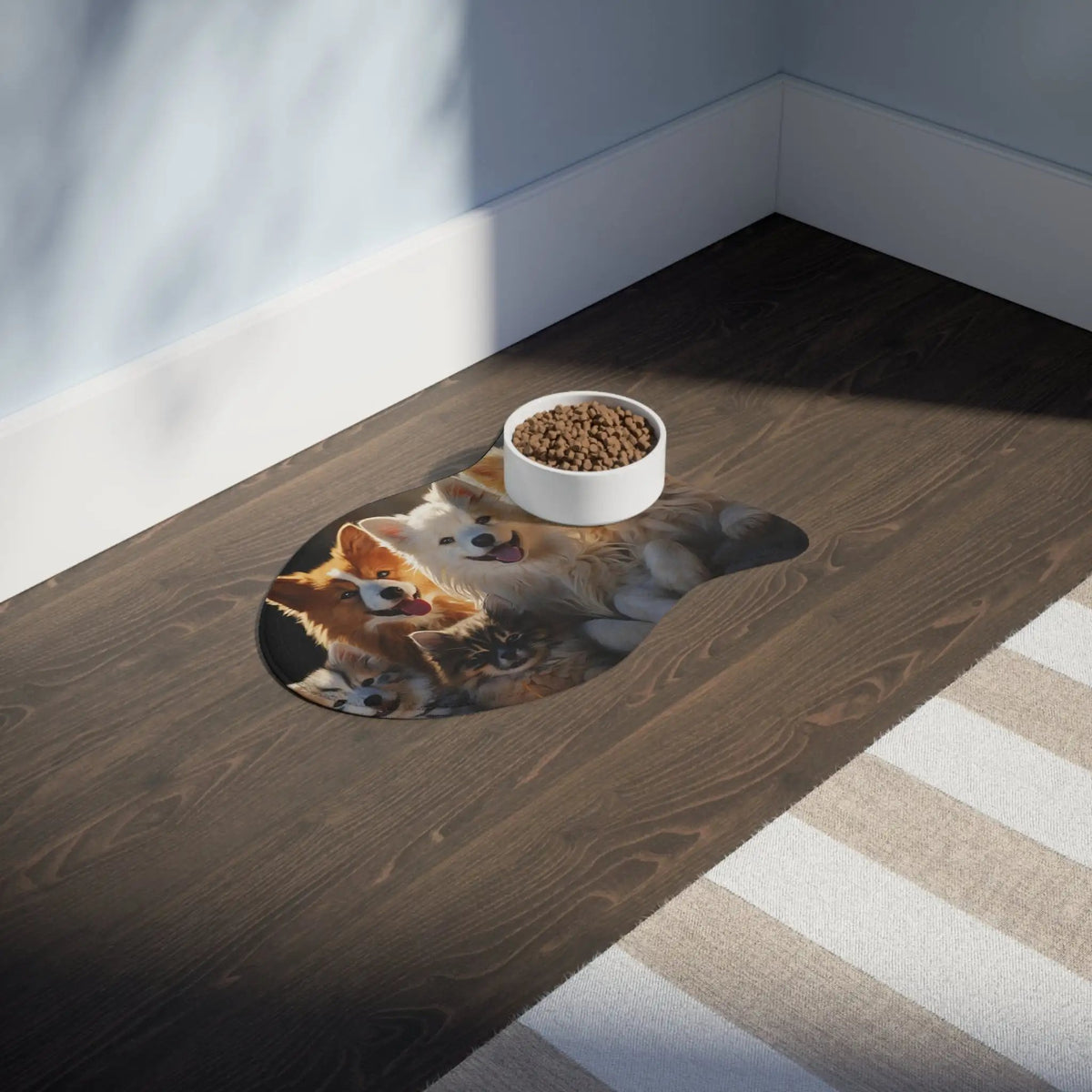 Pet Feeding Mats | a dog eating food out of a bowl on the floor