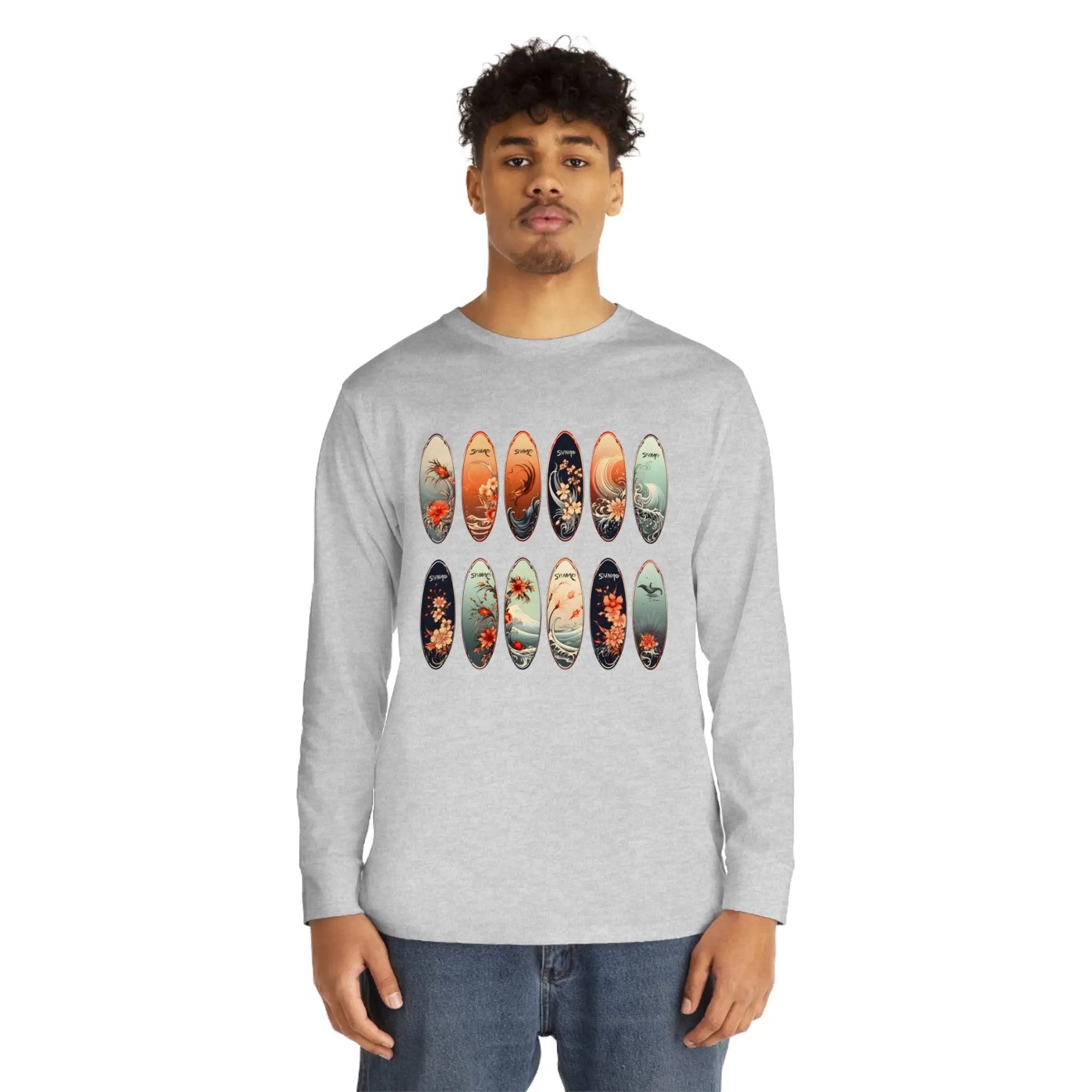 Long Sleeve t shirt | a man wearing a long sleeved shirt with a bunch of skateboards on it