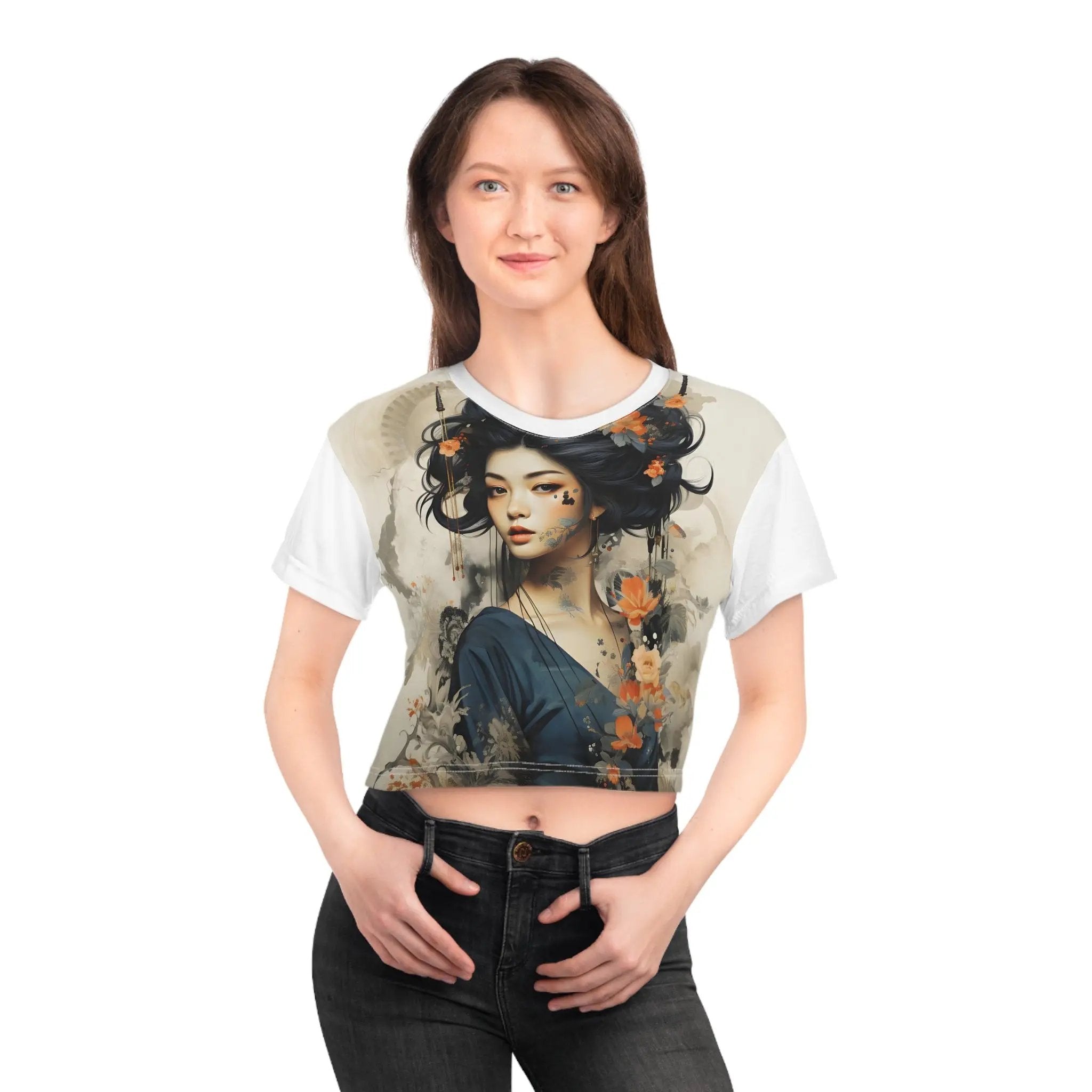 Crop shirts for Women | a woman wearing a t - shirt with a picture of a woman on it