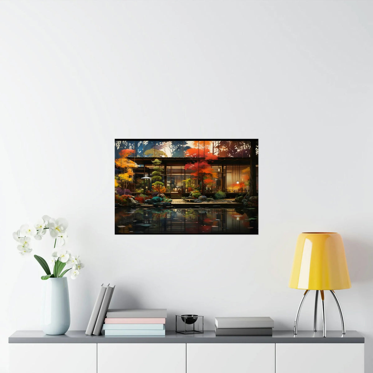 Kawaii Posters | a painting on a wall above a table with a lamp