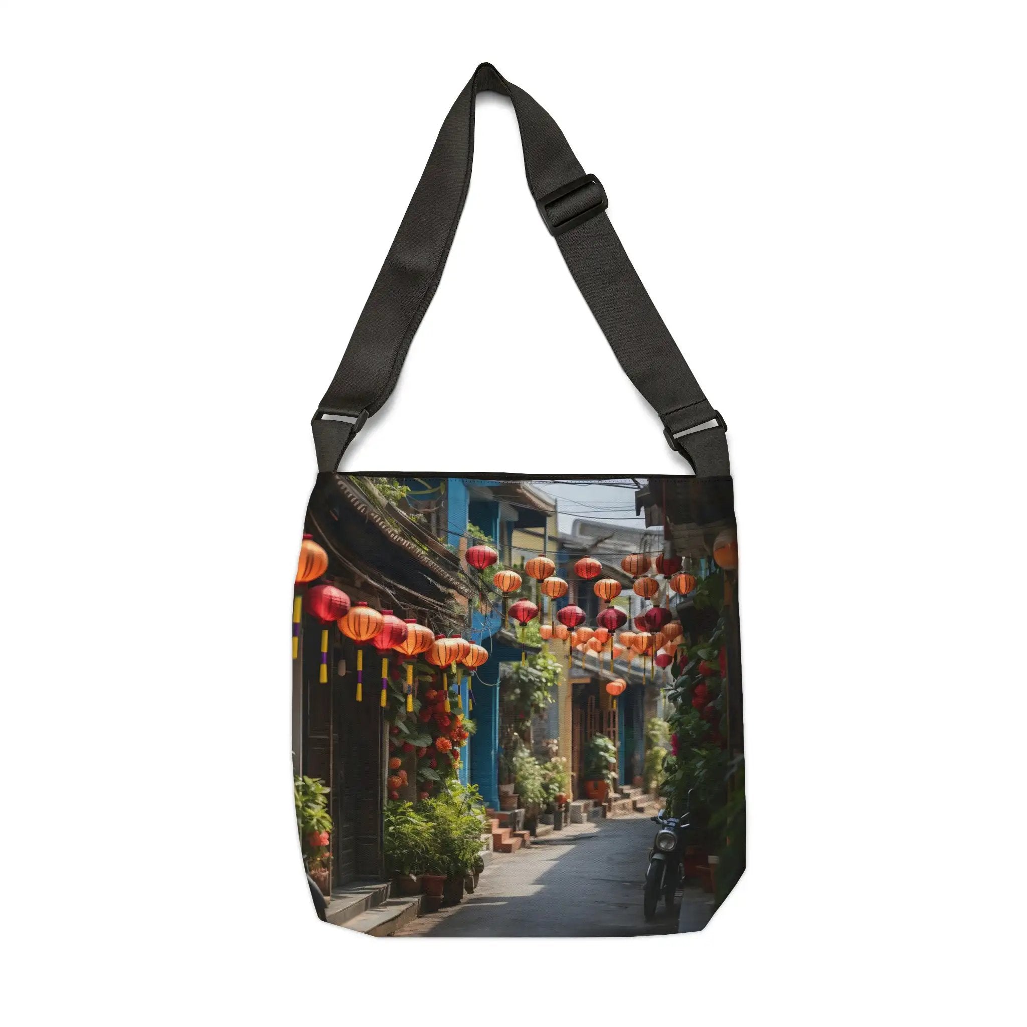 Weekender tote bag | a bag with a picture of a street with Chinese lanterns