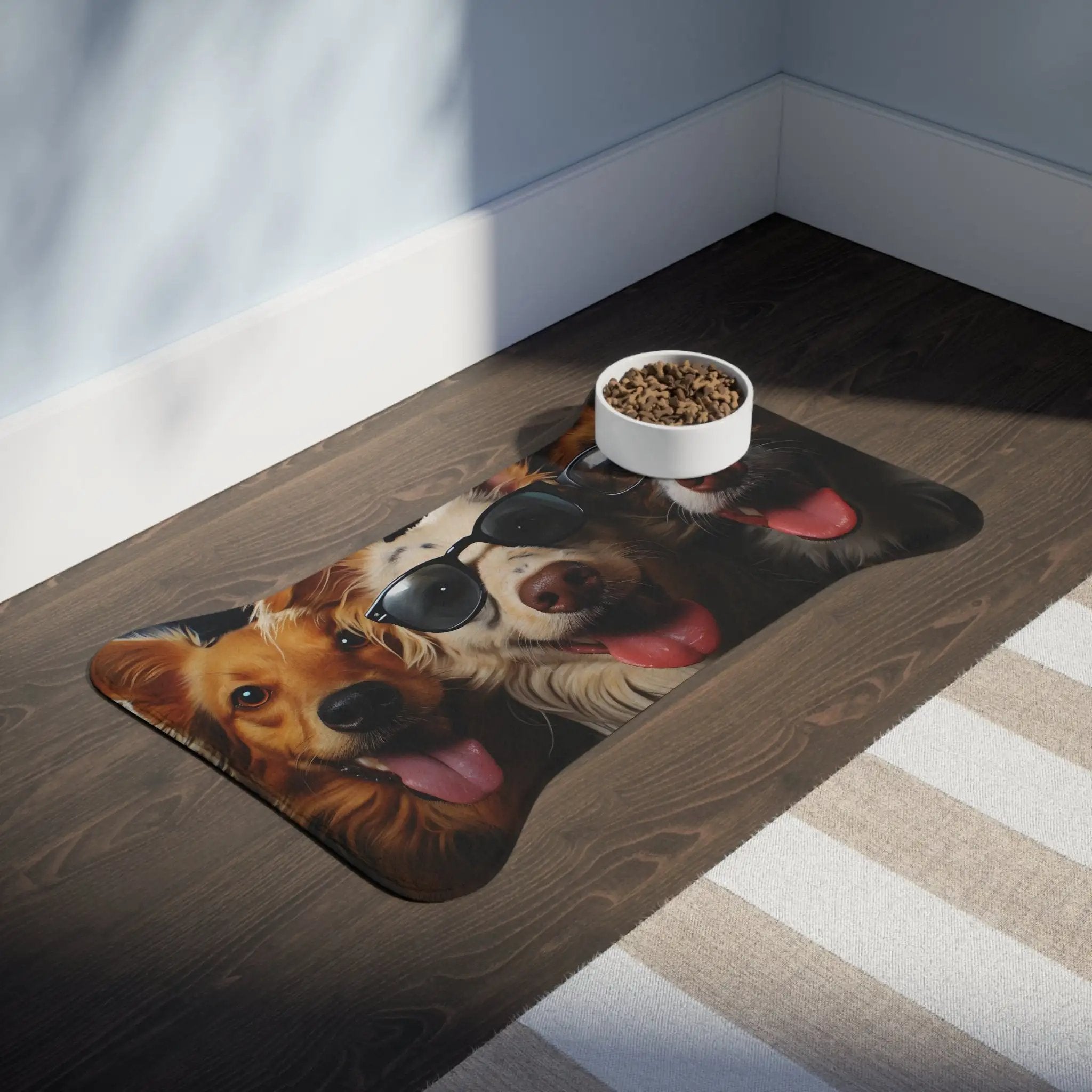 Pet Feeding Mats | a dog with sunglasses and a bowl of food on the floor