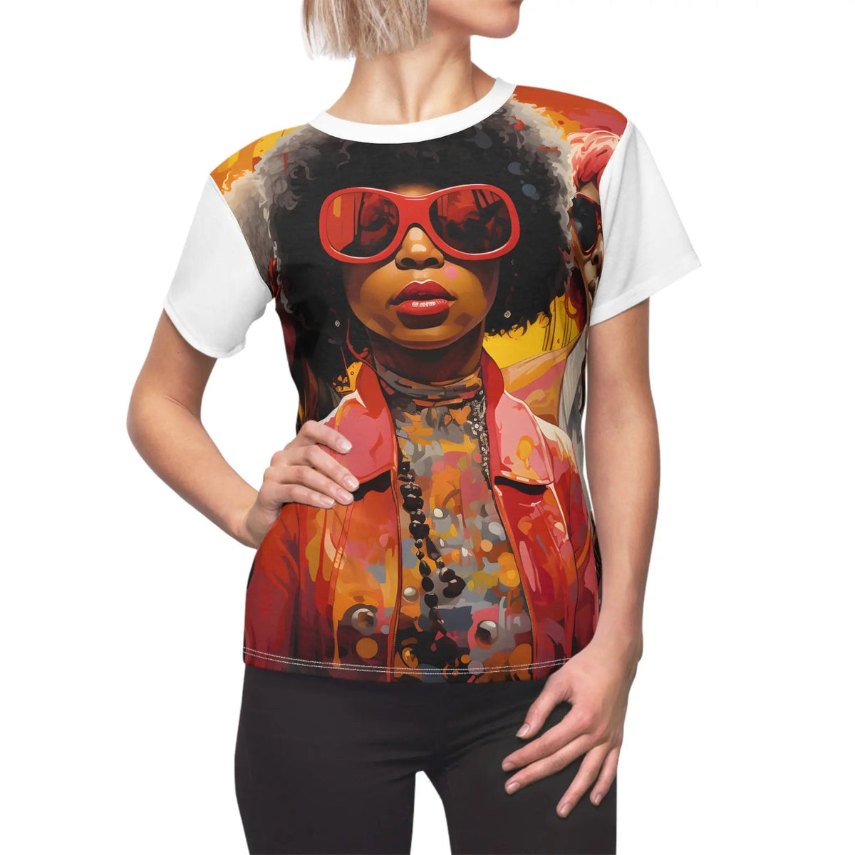 Women Tee | shirt with an image of a woman wearing sunglasses