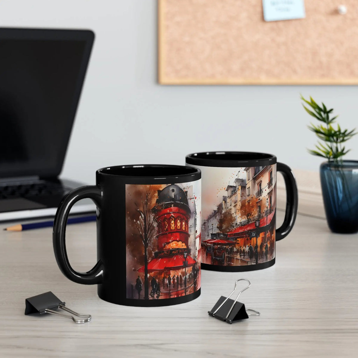 Mugs coffee | two coffee mugs sitting on a table next to a laptop