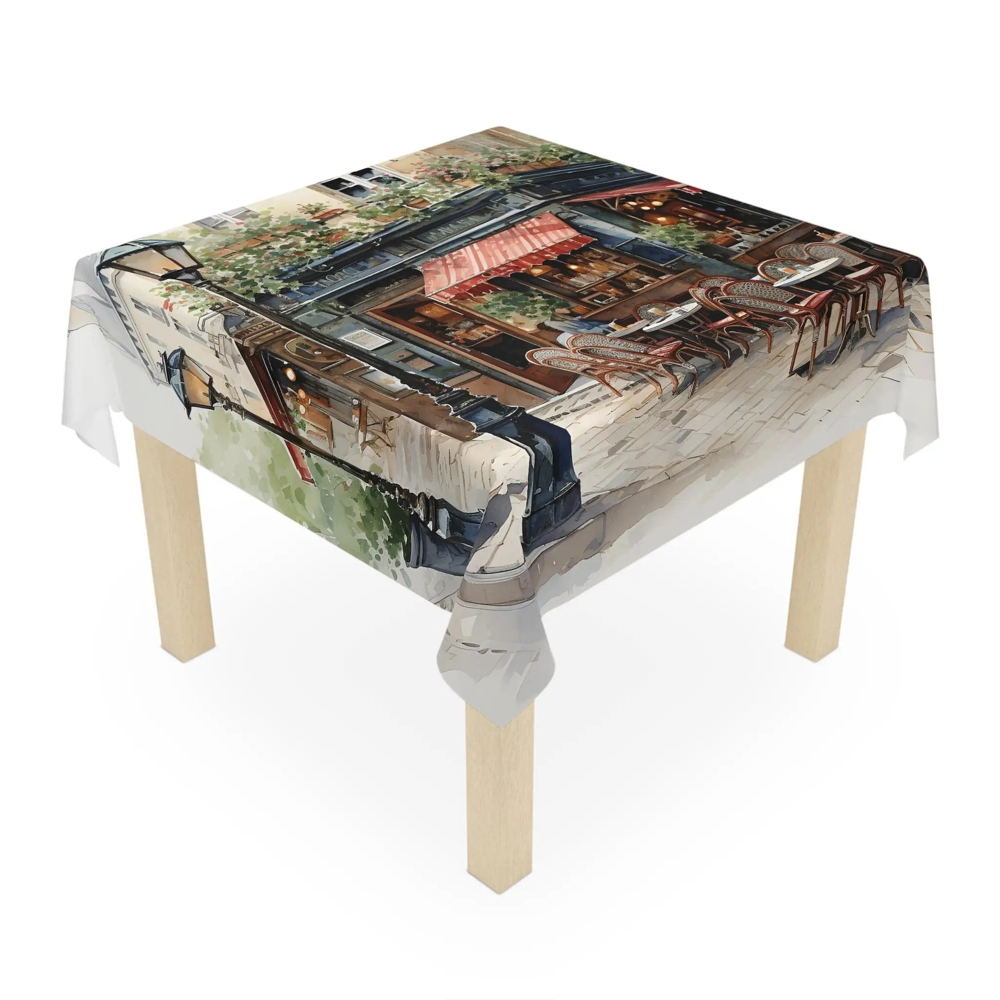 Square tablecloth | a table covered with a painting of a city