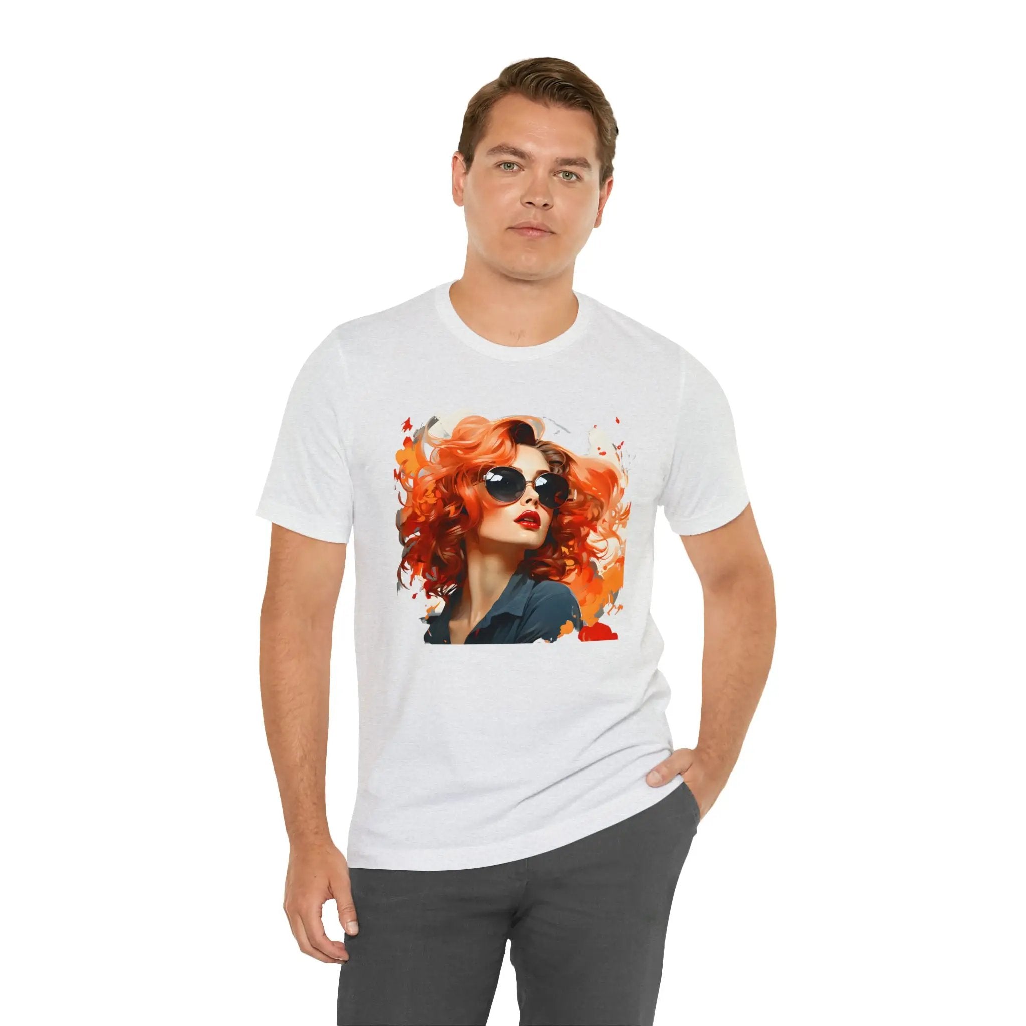 Couple t shirt | a man wearing a white t - shirt with a picture of a woman wearing sunglasses