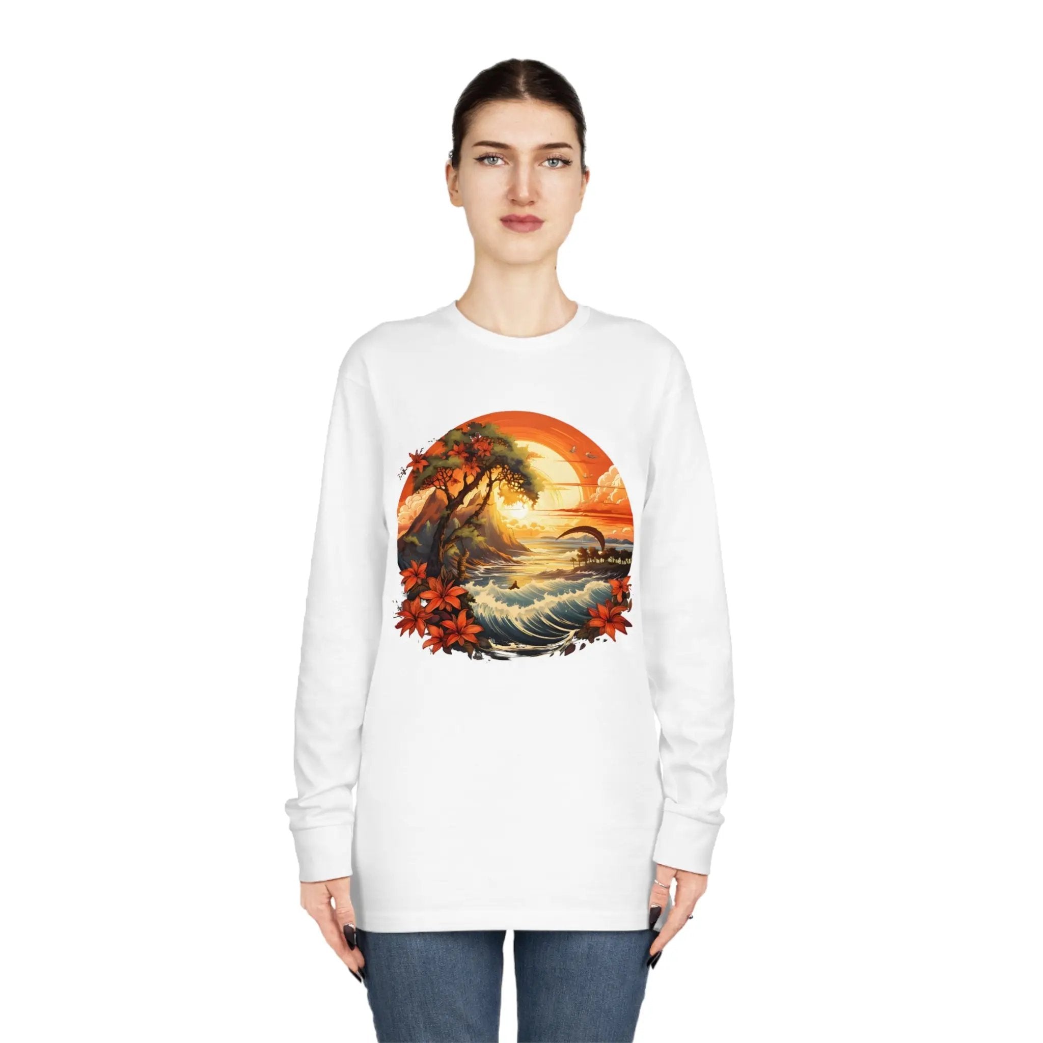 Long Sleeve t shirt | a woman wearing a white sweatshirt with a painting of a sunset and palm trees