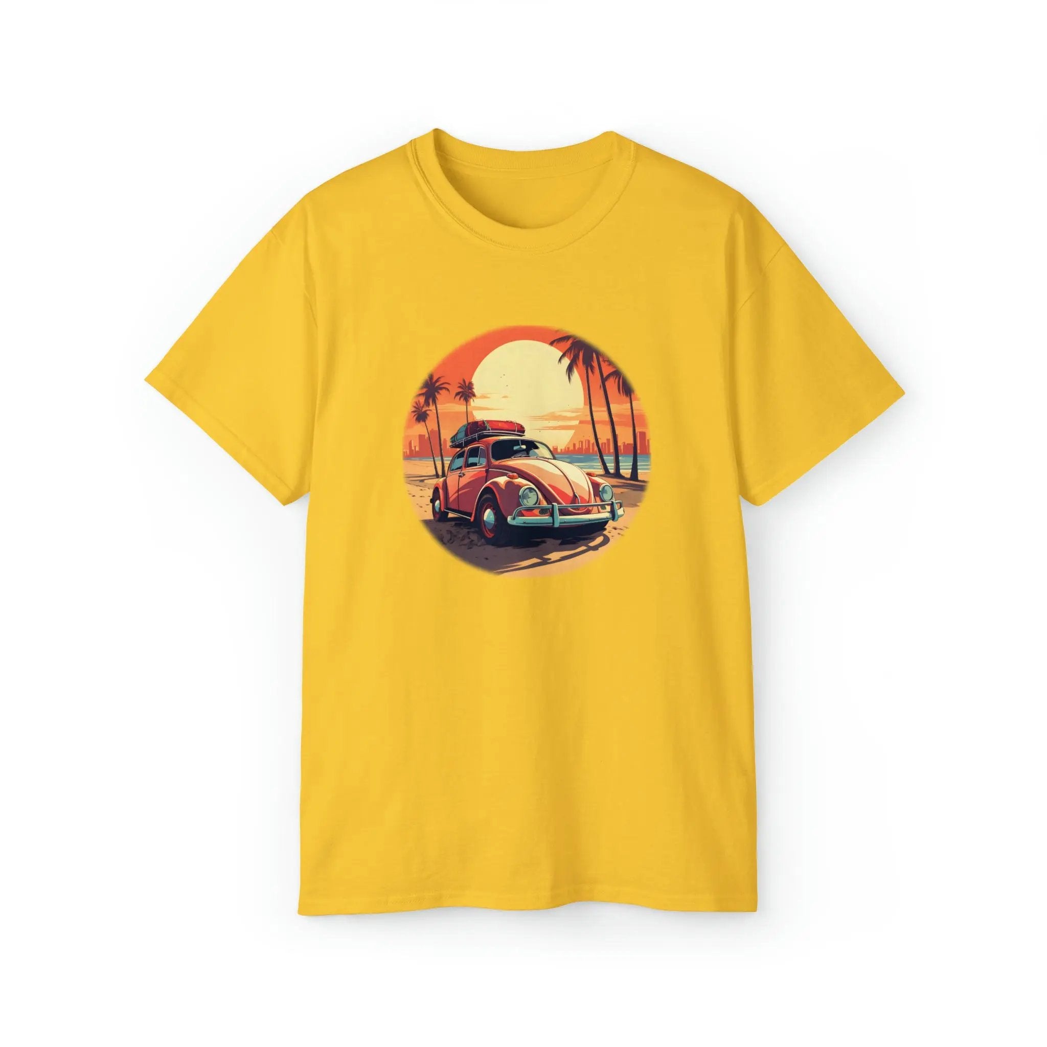 men tee graphic | a yellow t - shirt with an image of a car on the beach