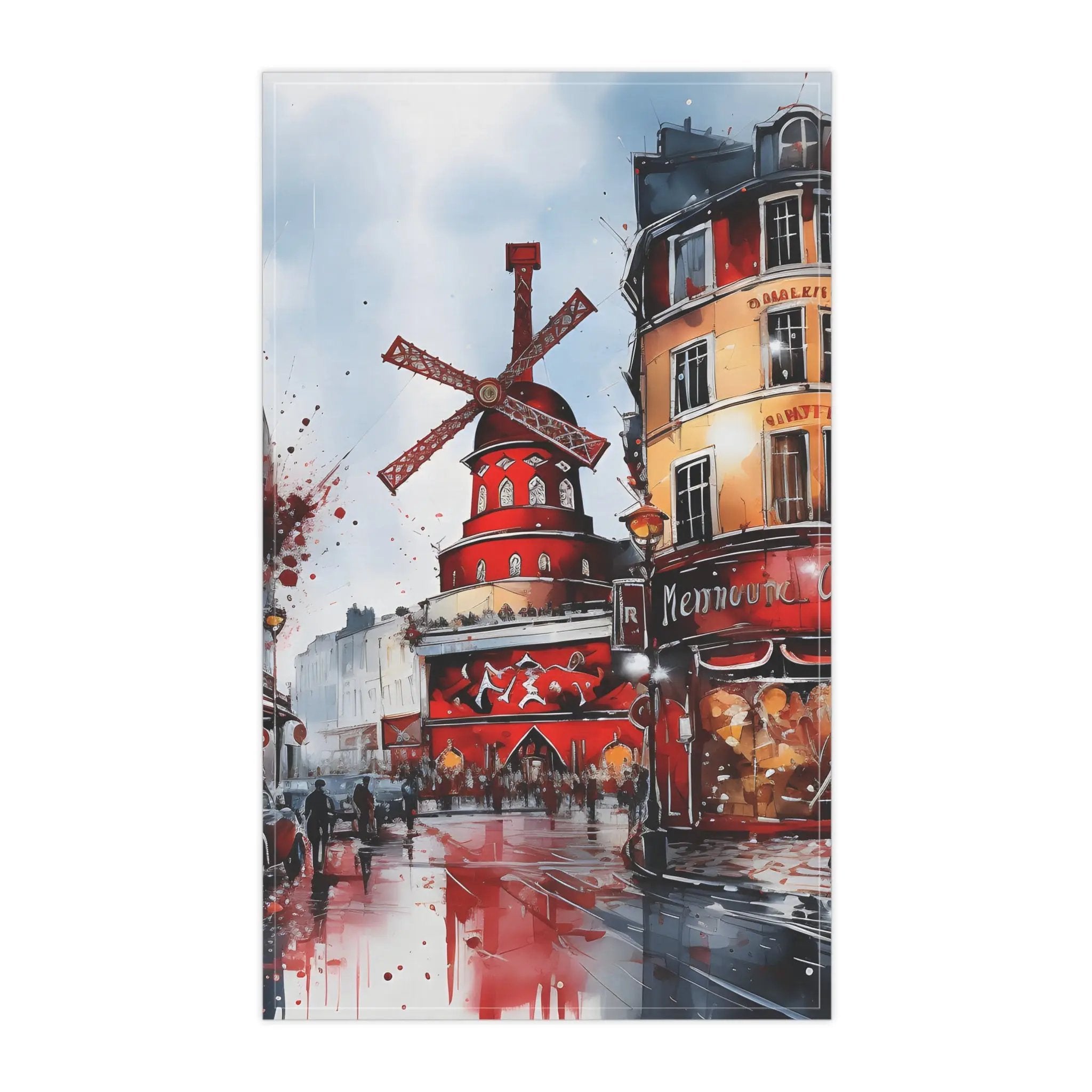 Kitchen Towel | a painting of a red building with a windmill on top