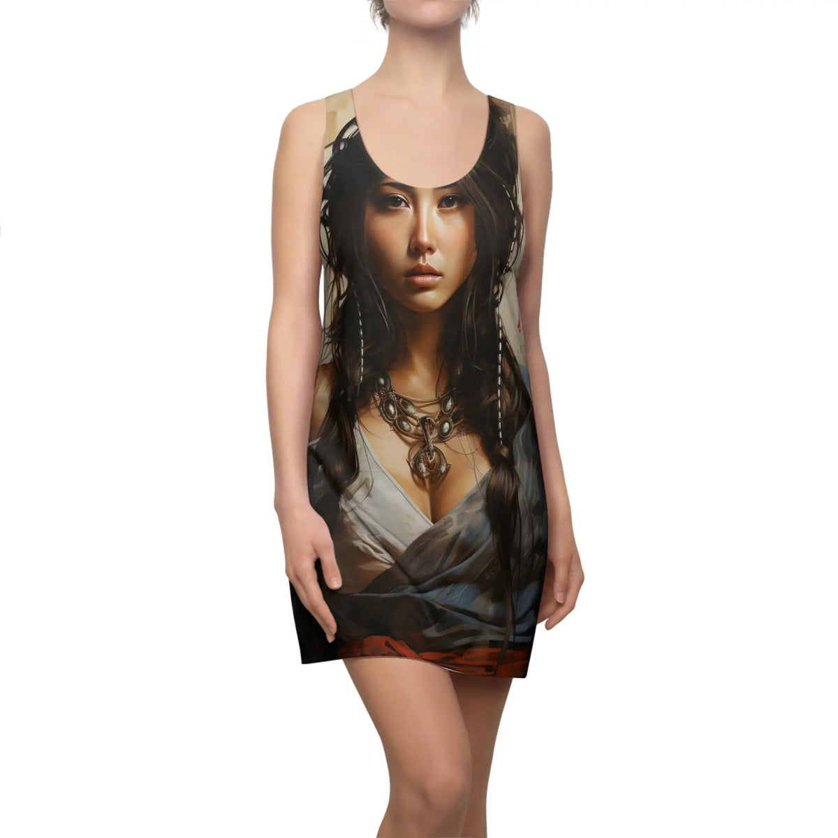 Woman summer dress | a woman wearing a dress with a picture of a woman on it