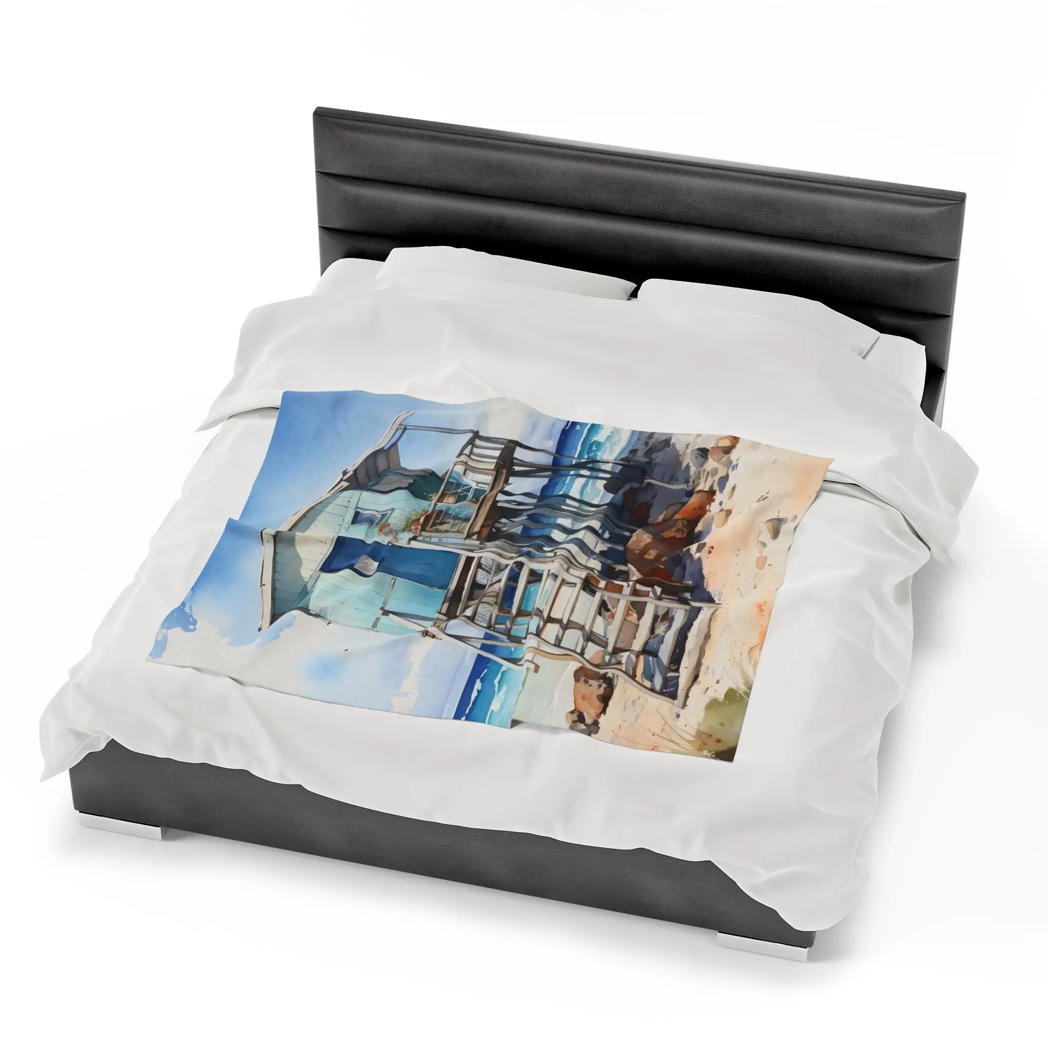 bedroom Blanket | a bed with a picture of a building on it