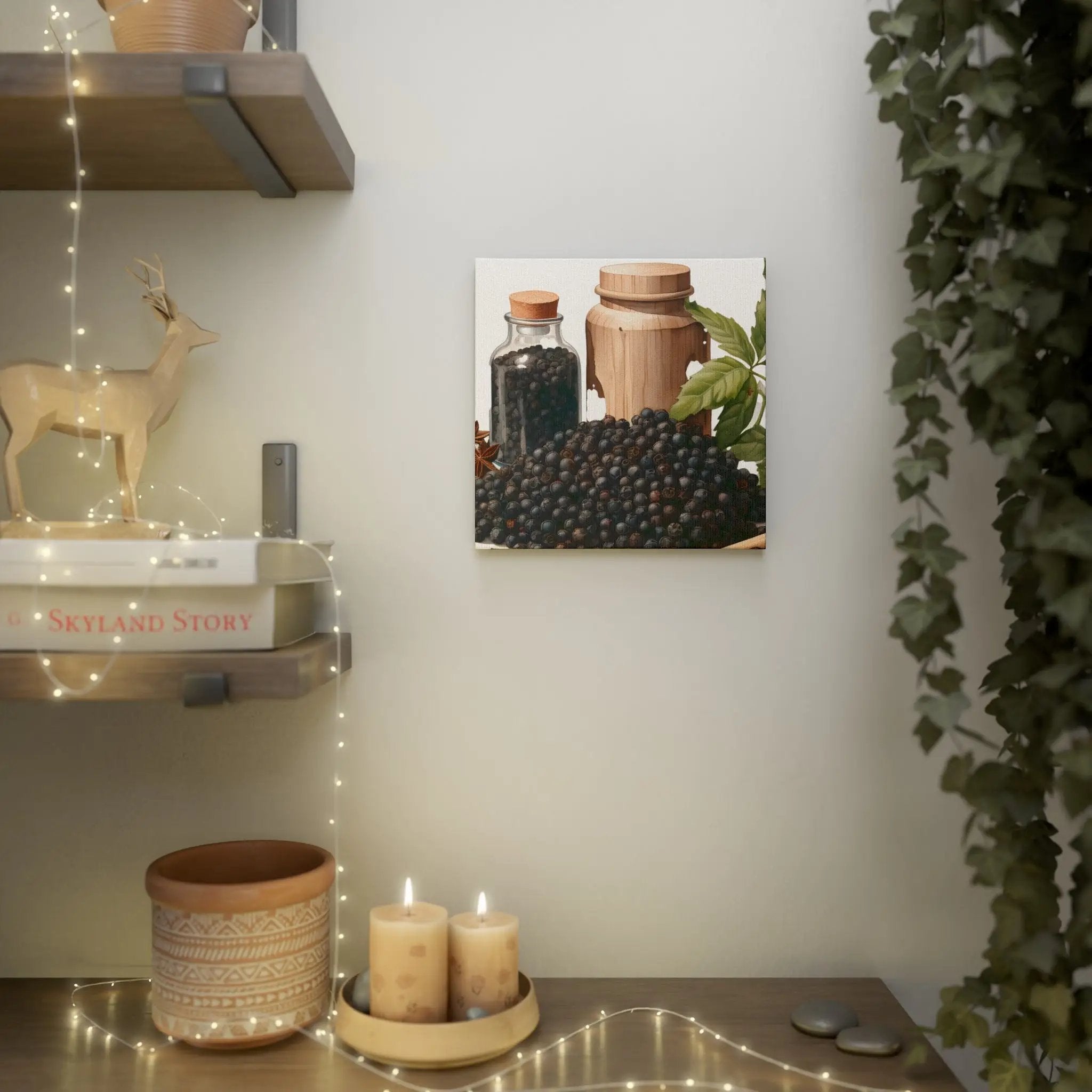 Canvas Gallery Wraps | a shelf with candles and a picture on it