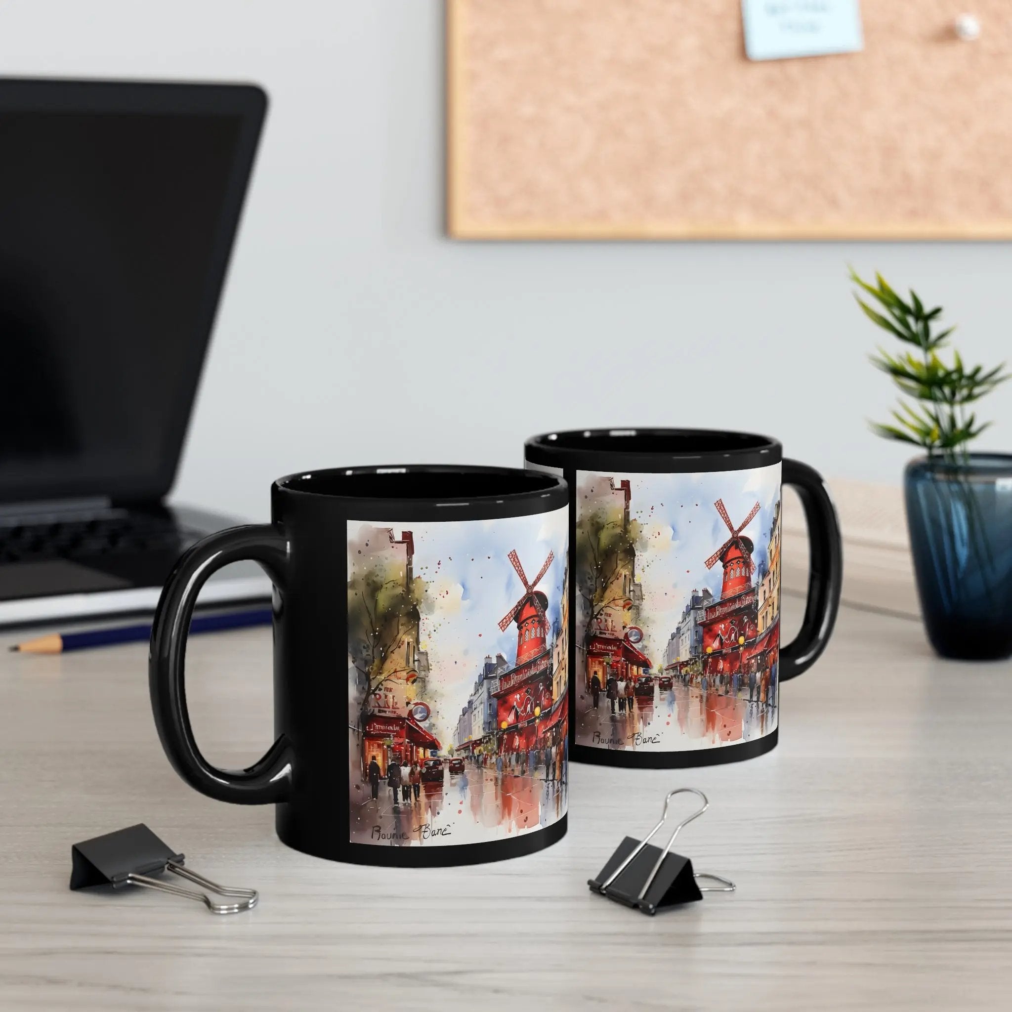 Mugs coffee | two coffee mugs sitting on a table next to a laptop