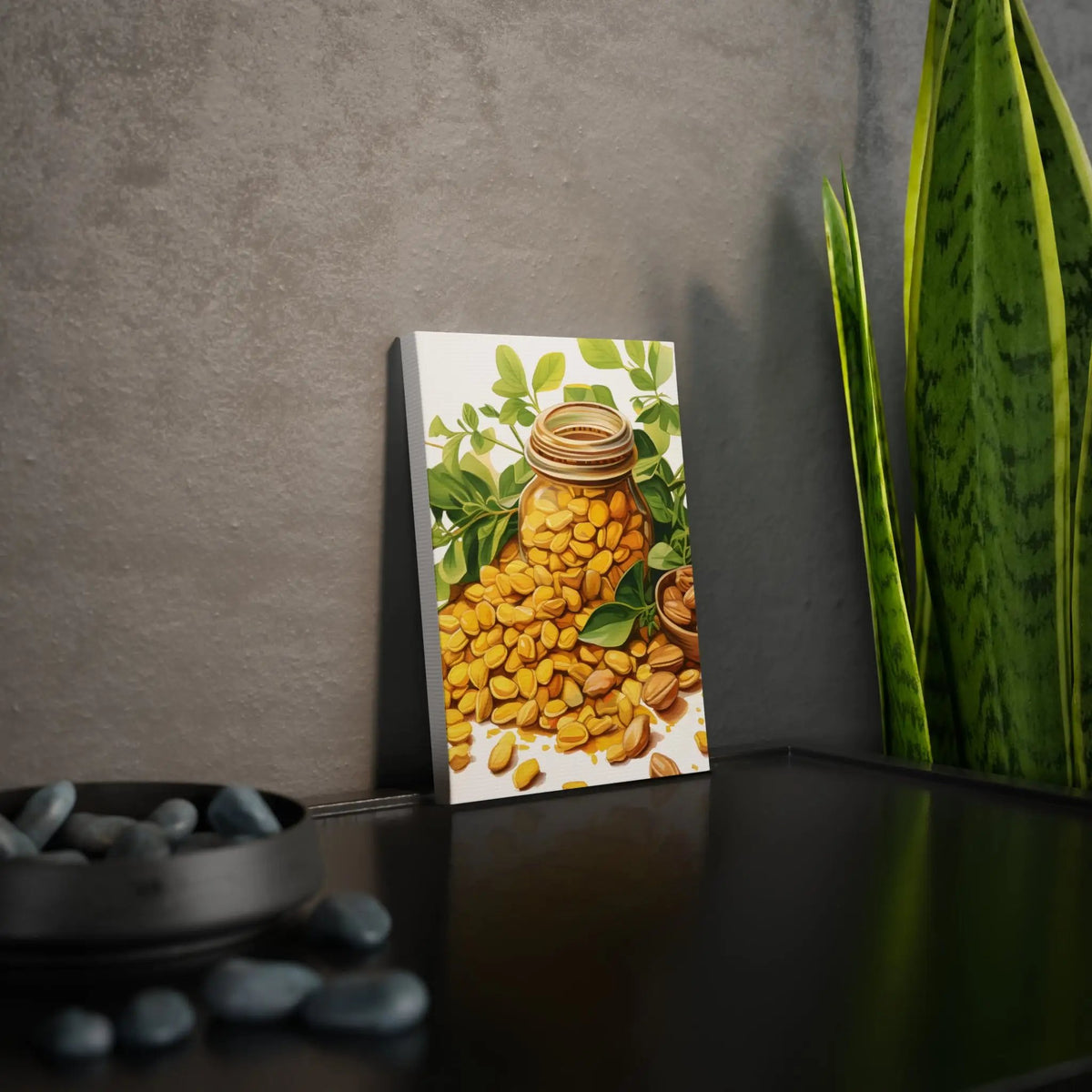 Canvas Gallery Wraps | a painting of a jar of beans next to a potted plant