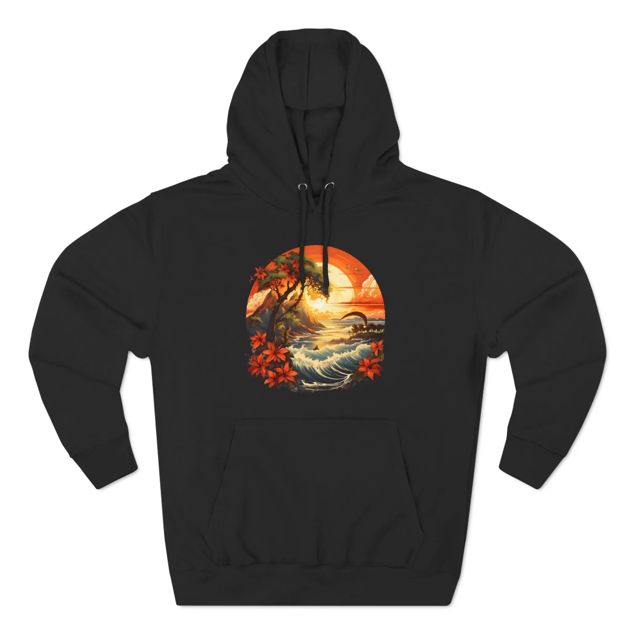 pullover hoodie | a black hoodie with a painting of a sunset and palm trees