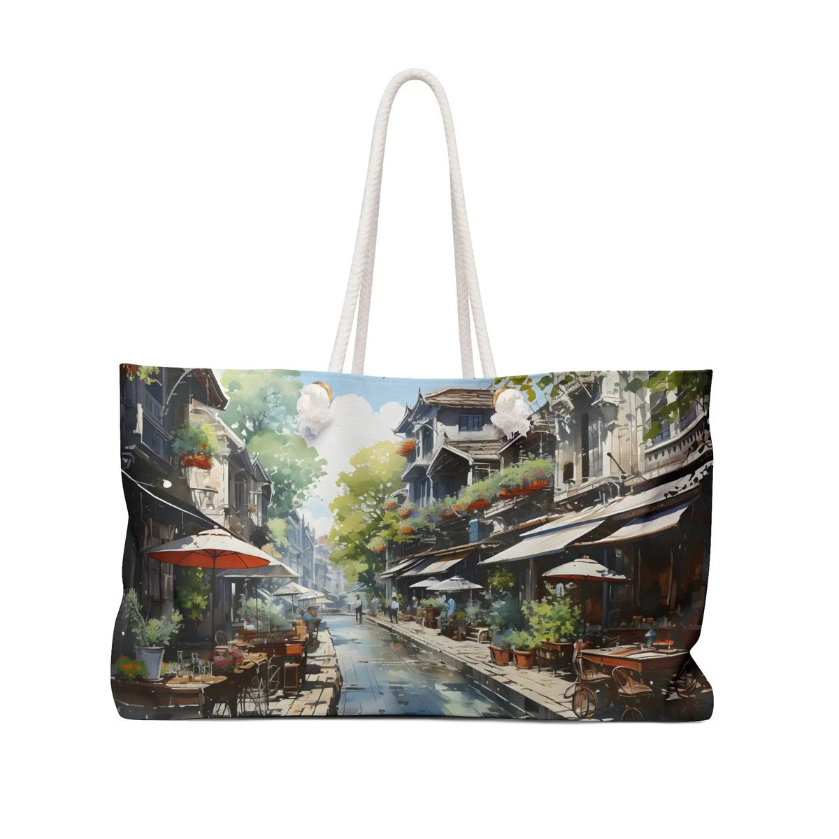 Weekender tote bag | a bag with a painting of a street scene