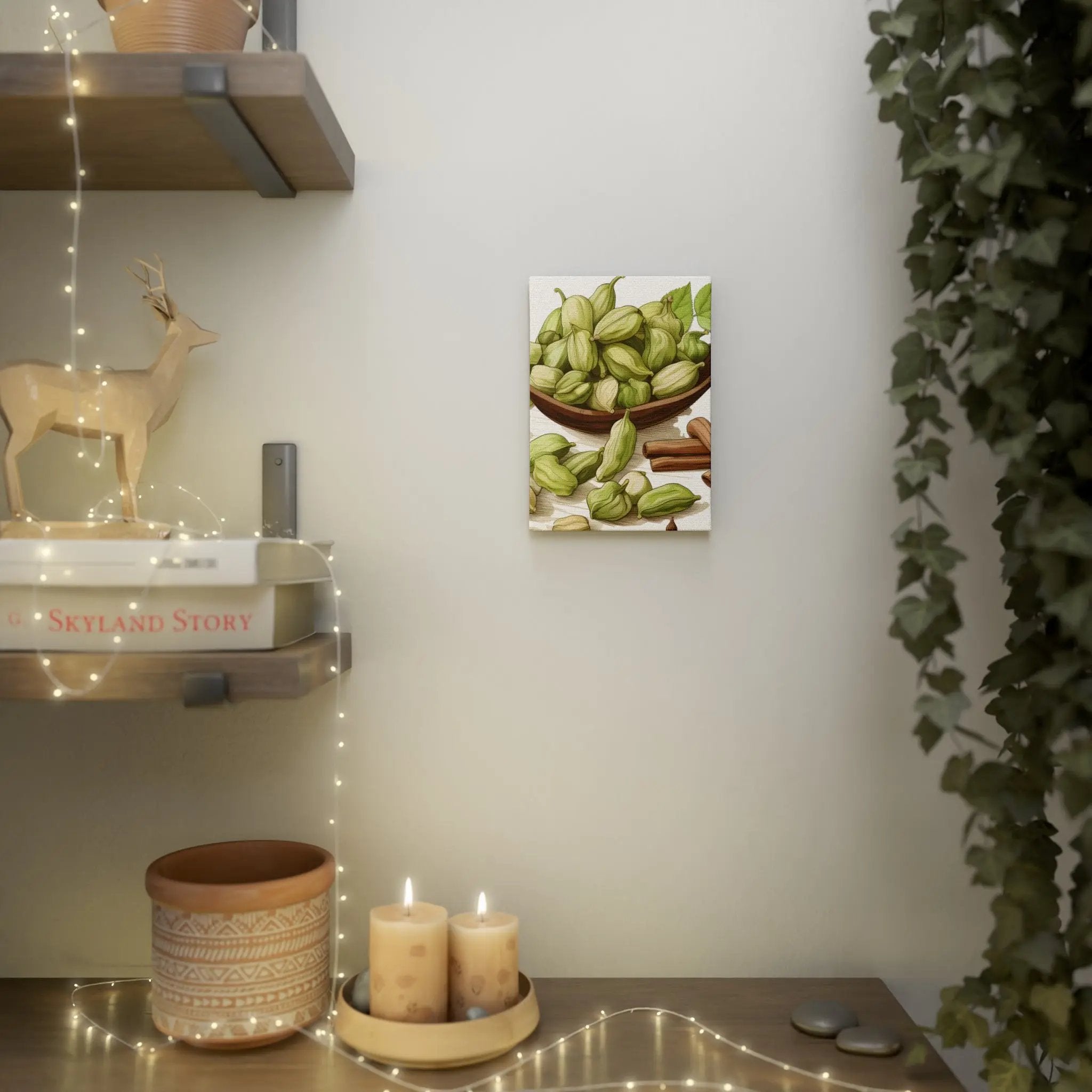 Canvas Gallery Wraps | a shelf with a deer figurine and candles on it