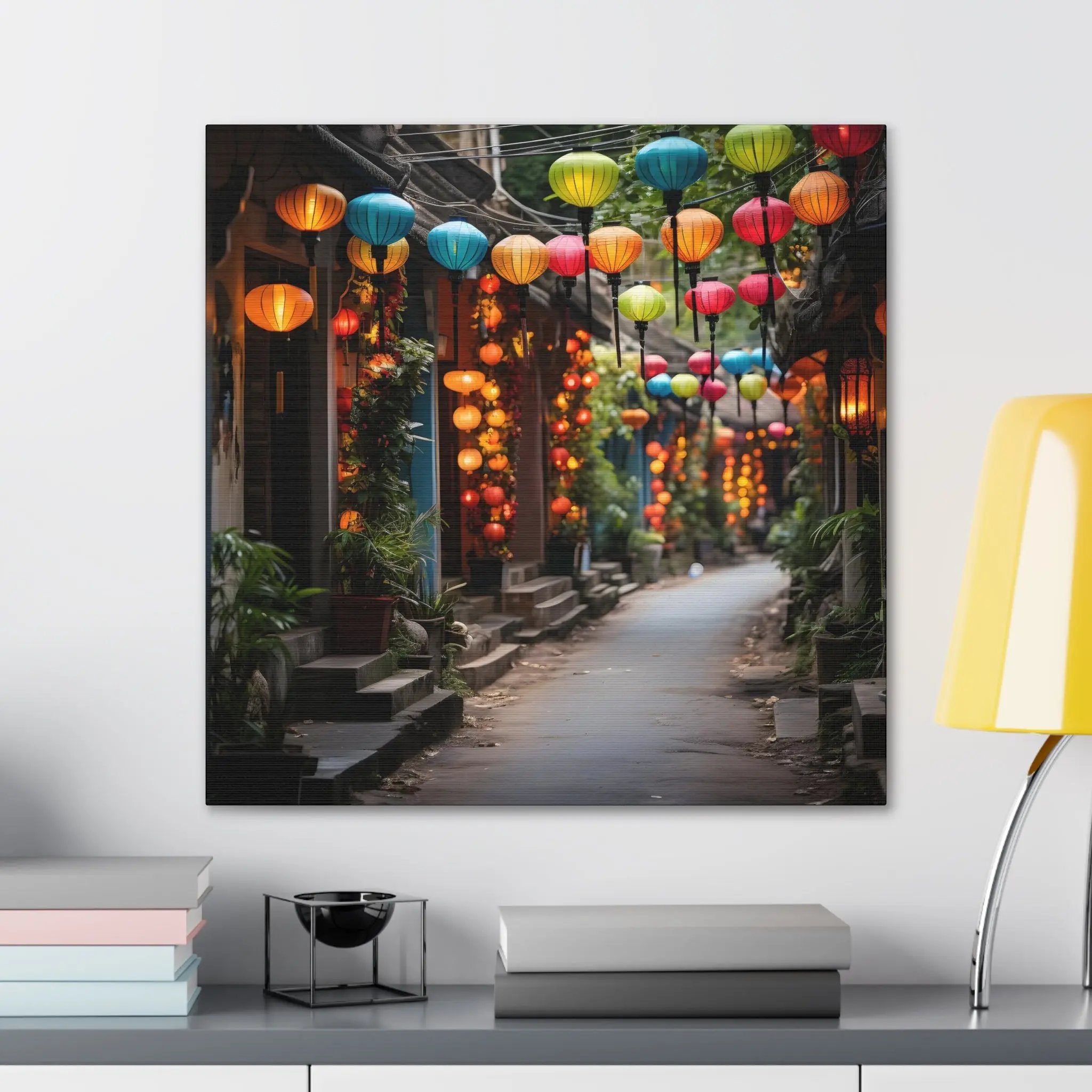 Canvas Gallery Wraps | a room with a table and a lamp on the wall