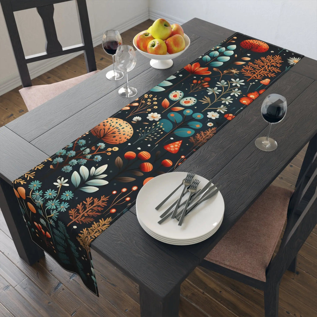 Table runner | a table with a place setting and a bowl of fruit on it