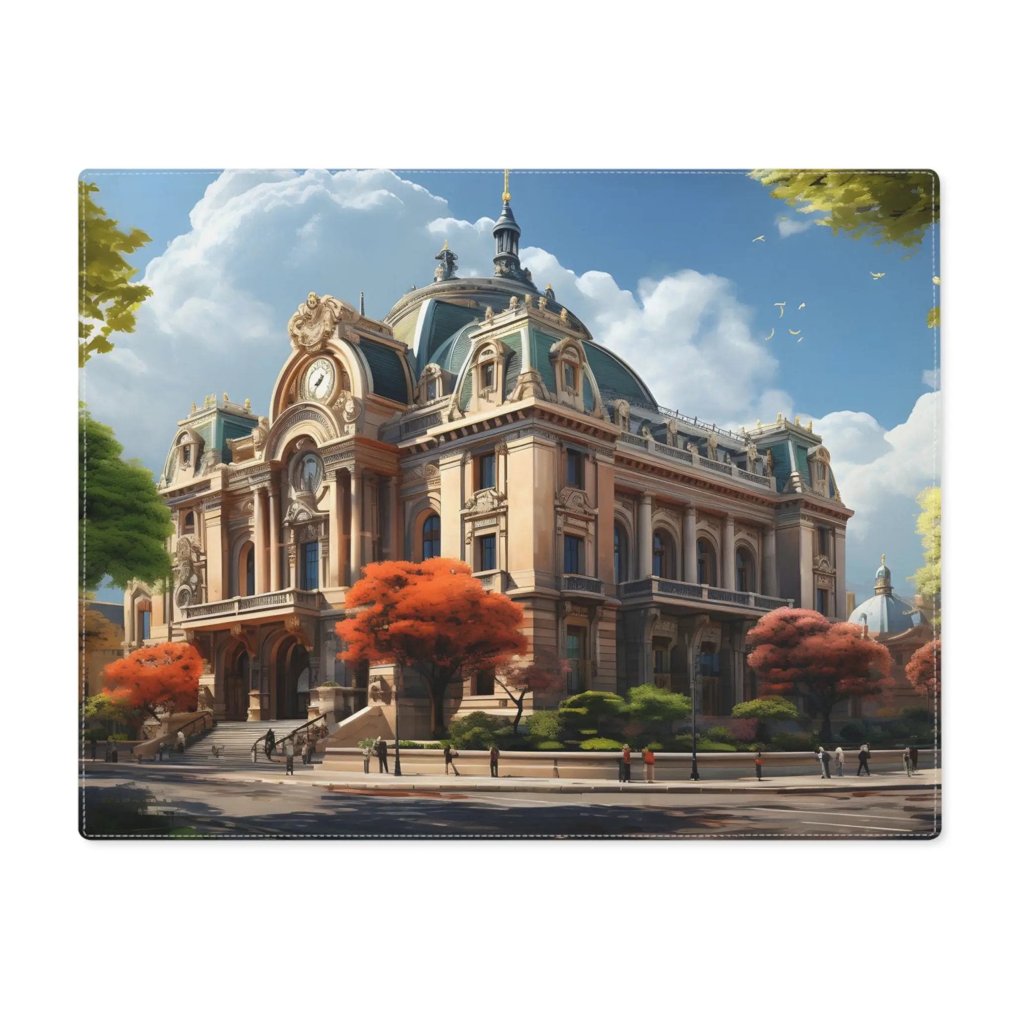 Placemat | a painting of a building with a sky background