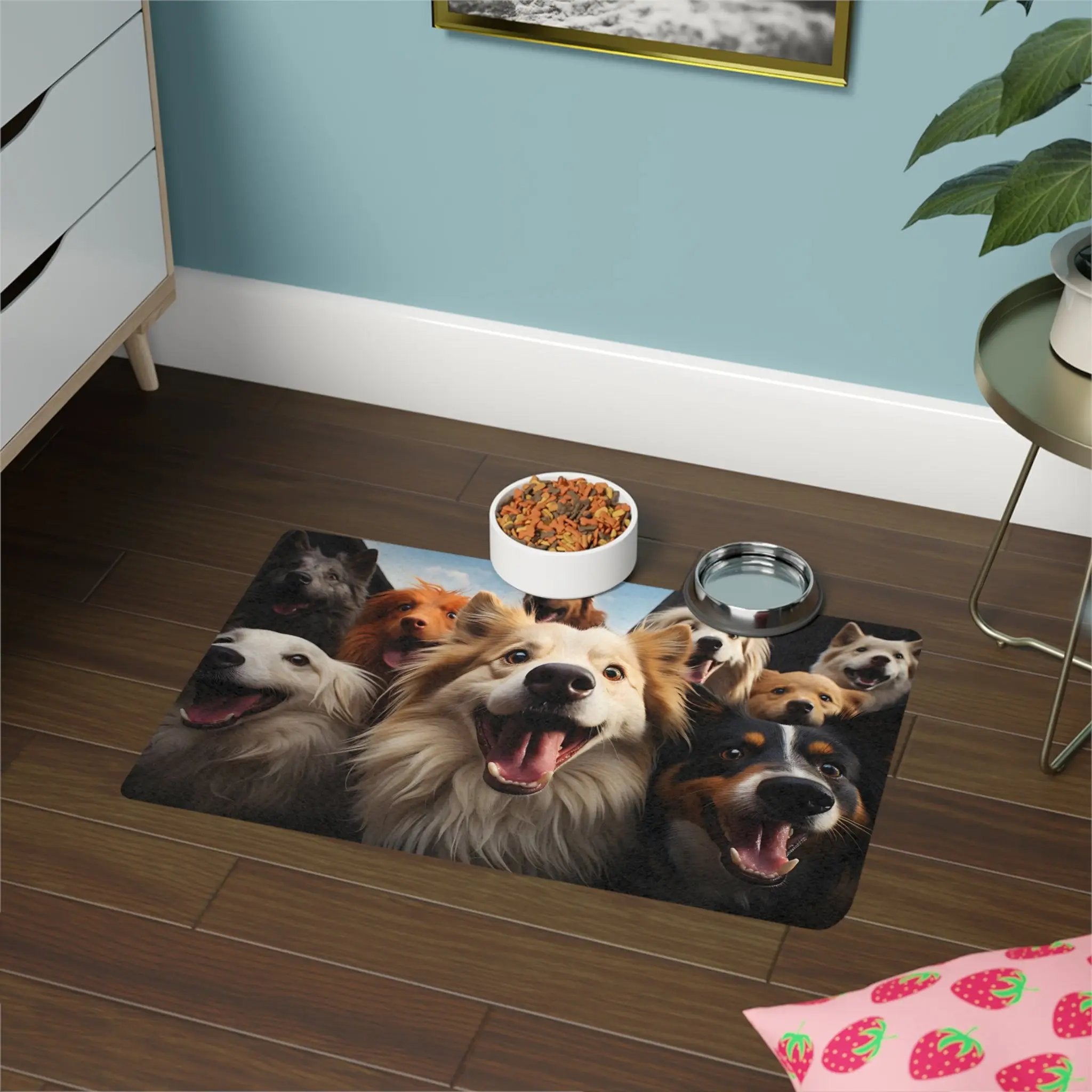 Pet Food Mat | a group of dogs on a rug in a room